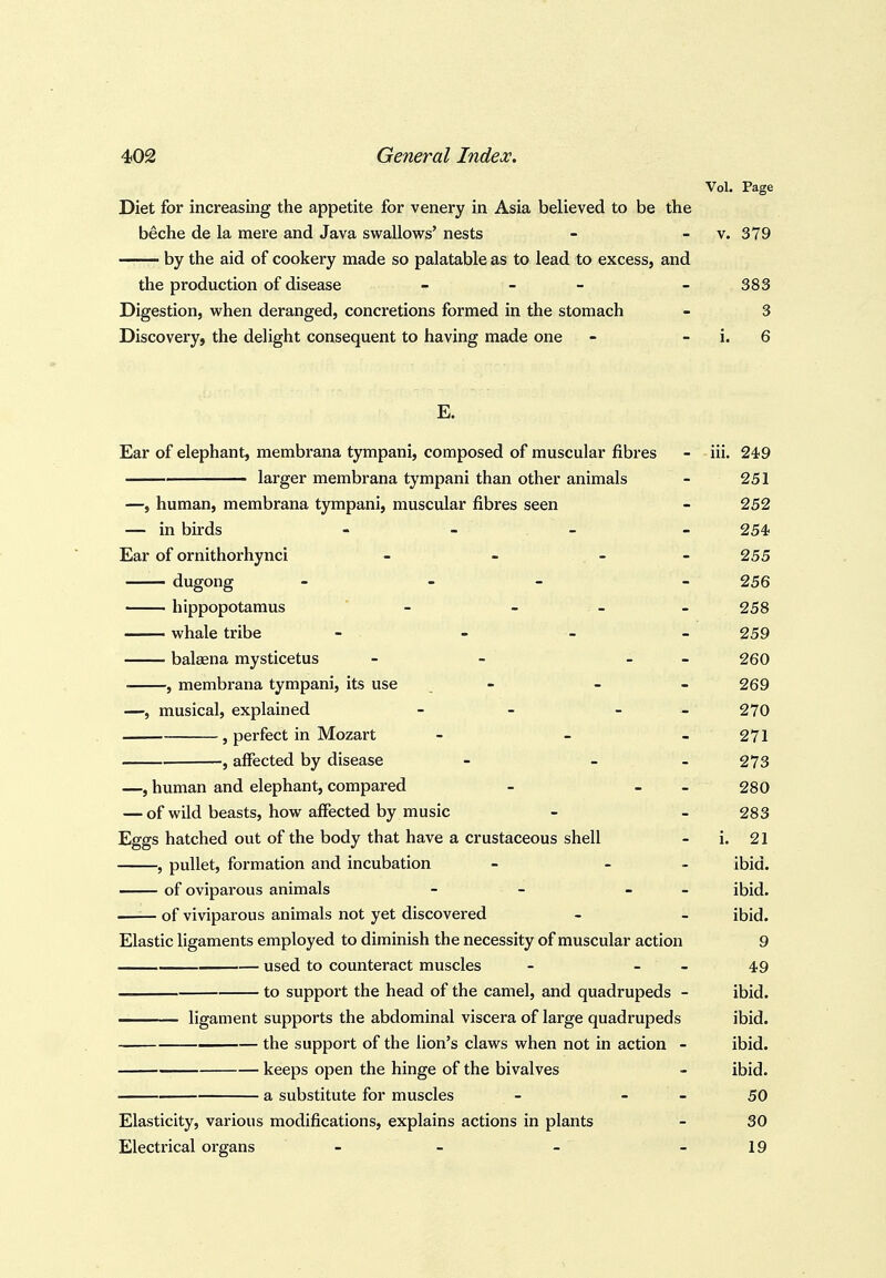 Vol. Page Diet for increasing the appetite for venery in Asia believed to be the beche de la mere and Java swallows' nests - - v. 379 by the aid of cookery made so palatable as to lead to excess, and the production of disease - - - - 383 Digestion, when deranged, concretions formed in the stomach - 3 Discovery, the delight consequent to having made one - - i. 6 E. Ear of elephant, membrana tympani, composed of muscular fibres - iii. 249 larger membrana tympani than other animals - 251 —, human, membrana tympani, muscular fibres seen - 252 — in birds - - , - - 254 Ear of ornithorhynci - - - - 255 dugong - _ _ _ 256 hippopotamus - - - - 258 whale tribe - - - - 259 balaena mysticetus - - 260 , membrana tympani, its use - - 269 —, musical, explained - - _ 270 , perfect in Mozart - - - 271 , affected by disease - - - 273 —, human and elephant, compared - - - 280 — of wild beasts, how affected by music - - 283 Eggs hatched out of the body that have a crustaceous shell - i. 21 , pullet, formation and incubation - _ . ibid. of oviparous animals - - - - ibid. —— of viviparous animals not yet discovered - - ibid. Elastic ligaments employed to diminish the necessity of muscular action 9 used to counteract muscles - _ _ 49 to support the head of the camel, and quadrupeds - ibid. ligament supports the abdominal viscera of large quadrupeds ibid. the support of the lion's claws when not in action - ibid. keeps open the hinge of the bivalves - ibid. a substitute for muscles - - - 50 Elasticity, various modifications, explains actions in plants - 30 Electrical organs - - - - 19