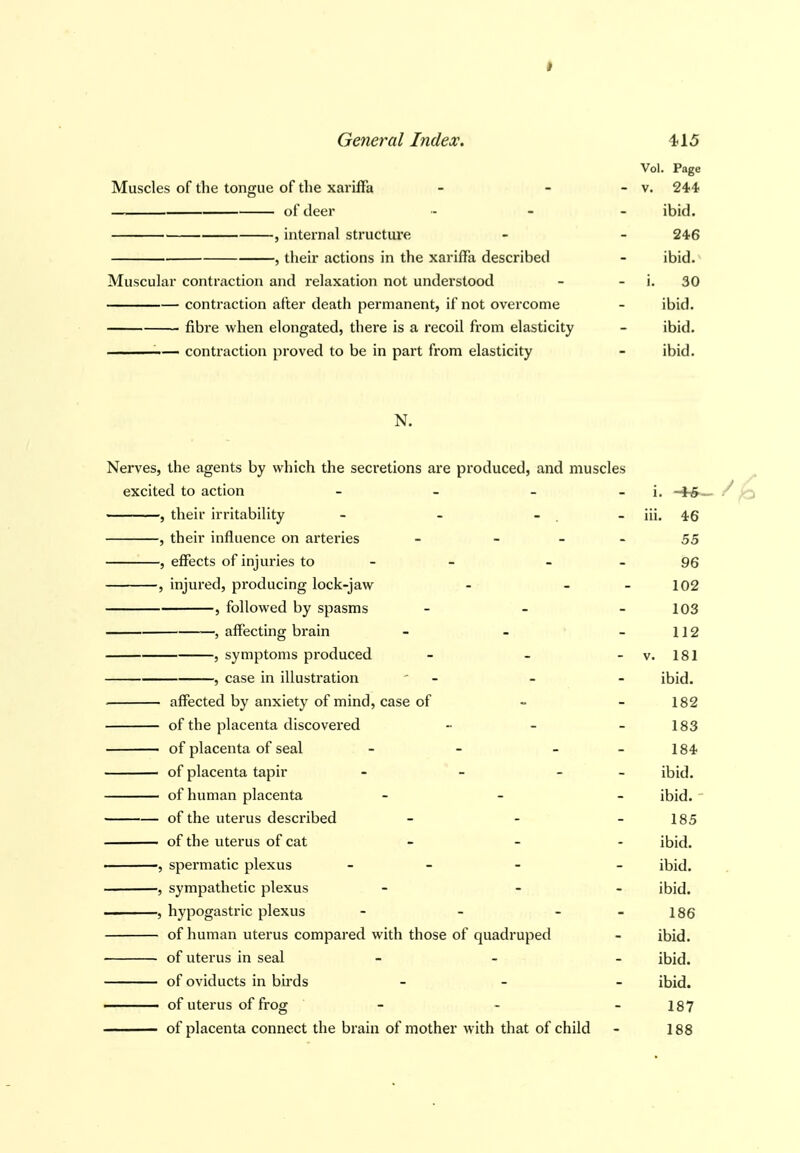 General Index. 415 Vol, Page Muscles of the tongue of the xariffa - - - v. 244 of deer ,. _ _ ibid. , internal structure - - 246 , their actions in the xariffa described - ibid. Muscular contraction and relaxation not understood - - i. 30 contraction after death permanent, if not overcome - ibid. fibre when elongated, there is a recoil firom elasticity - ibid. contraction proved to be in part from elasticity - ibid. N. Nerves, the agents by which the secretions are produced, and muscles ^ excited to action - - - - i. / ^ , then- n-ntability - - - . - iii. 46 , their influence on arteries - - - 55 , effects of injuries to - - 96 , injured, producing lock-jaw 102 , followed by spasms 103 , affecting brain 112 , symptoms produced - v. 181 , case in illustration ibid. affected by anxiety of mind, case of 182 of the placenta discovei'ed 183 of placenta of seal - - 184 of placenta tapir - - - ibid. of human placenta ibid. of the uterus described 185 of the uterus of cat ibid. ■, spermatic plexus - ibid. , sympathetic plexus ibid. — , hypogastric plexus - _ _ 186 of human uterus compared with those of quadruped ibid. of uterus in seal ibid. of oviducts in birds ibid. ■ of uterus of frog - 187 of placenta connect the brain of mother with that of child 188