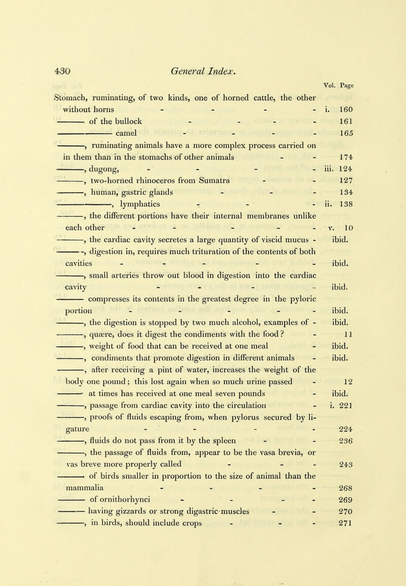 Vol. Page Stomach, ruminating, of two kinds, one of horned cattle, the other without horns - - - - i. 160 ' - of the bullock _ _ _ - 161 —= • camel - - - - 165 , ruminating animals have a more complex process carried on in them than in the stomachs of other animals - - 174 , dugong, - - - - iii. 124 , two-horned rhinoceros from Sumatra - - 127 , human, gastric glands - - - 134 , lymphatics t - - ii. 138 , the different portions have their internal membranes unlike each other - - - - - v. 10 , the cardiac cavity secretes a large quantity of viscid mucus - ibid. , digestion in, requires much trituration of the contents of both cavities _ _ _ - - ibid. , small arteries throw out blood in digestion into the cardiac cavity - - ibid. ■-— compresses its contents in the greatest degree in the pyloric portion - - - _ „ ibid. , the digestion is stopped by two much alcohol, examples of - ibid. 5 quaere, does it digest the condiments with the food ? - 11 , weight of food that can be received at one meal - ibid. , condiments that promote digestion in different animals - ibid. , after receiving a pint of water, increases the weight of the body one pound; this lost again when so much urine passed - 12 ■ at times has received at one meal seven pounds - ibid. , passage from cardiac cavity into the circulation - i. 221 , proofs of fluids escaping from, when pylorus secured by li- gature - - - 224 , fluids do not pass from it by the spleen - - 236 , the passage of fluids from, appear to be the vasa brevia, or vas breve more properly called - - - 243 > of birds smaller in proportion to the size of animal than the mammalia - - - - 268 of ornithorhynci - - - - 269 having gizzards or strong digastric muscles - - 270 , in birds, should include crops - - - 271