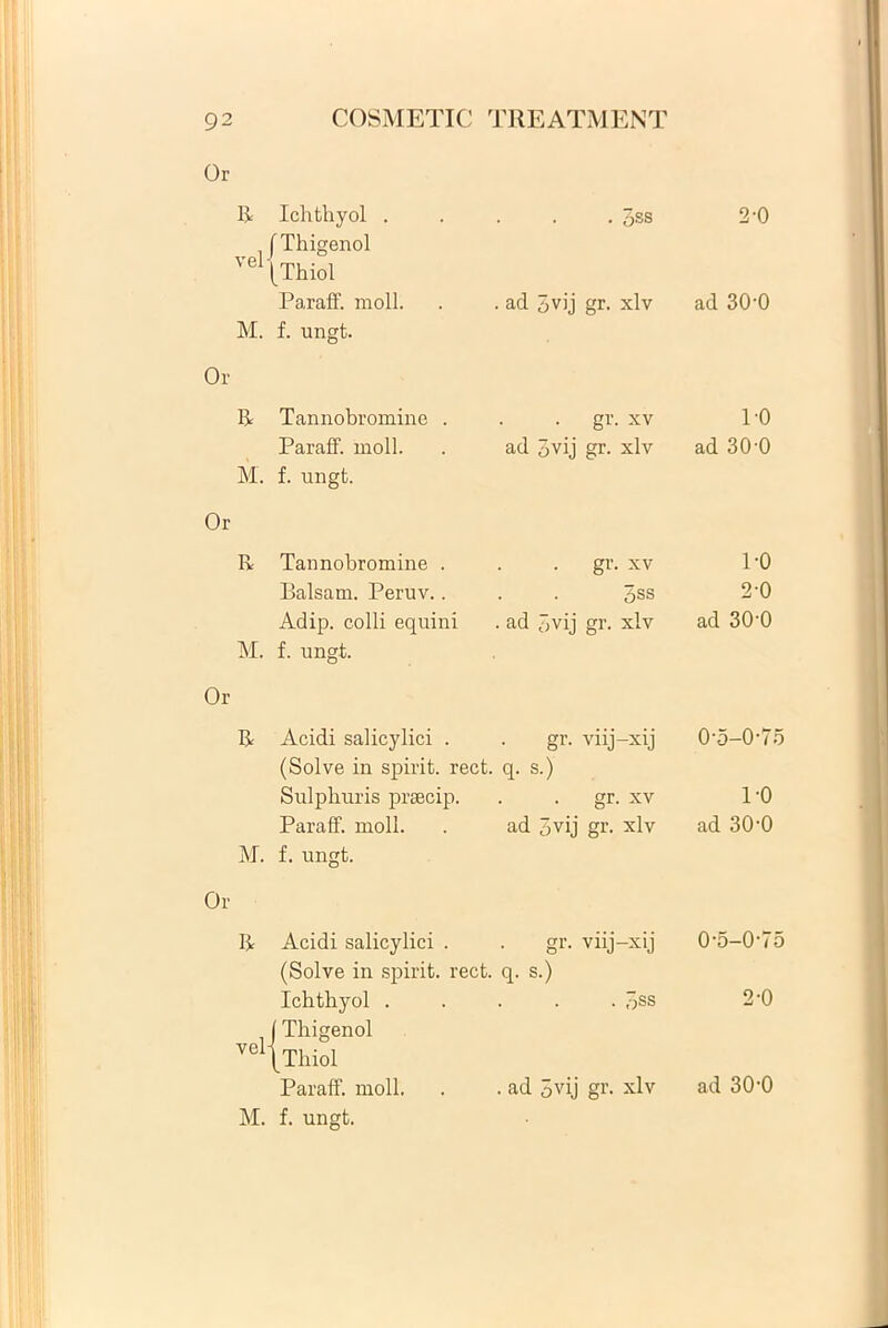 Or li Ichthyol . , (Thigenol ve \Thiol ParafF. moli. M. f. ungt. 6ss 2-0 . ad pvij gr. xlv ad 30-0 Ol- li Tannobromine . ParafF. moli. M. f. ungt. Or R Tannobromine . Balsam. Peruv.. Adip. colli equini M. f. ungt. . gr. xv ad 3vij gr. xlv . gr. xv 5ss . ad 3 v ij gr. xlv Ol- li Acidi salicylici . (Solve in spirit. rect. Sulphuris prsecip. ParafF. moli. M. f. ungt. q. s.) ad 3 vij gr. xlv Ol- li Acidi salicylici . (Solve in spirit. rect. Ichthyol . (Thigenol vel\Thiol ParafF. moli. M. f. ungt. gr. vnj-xij q. s.) . ~>ss 1-0 ad 30‘0 1-0 2-0 ad 30'0 gr. viij-xij 0'5-0'75 1-0 ad 30-0 0-5-0-75 2-0 . ad 5vij gr. xlv ad 30-0