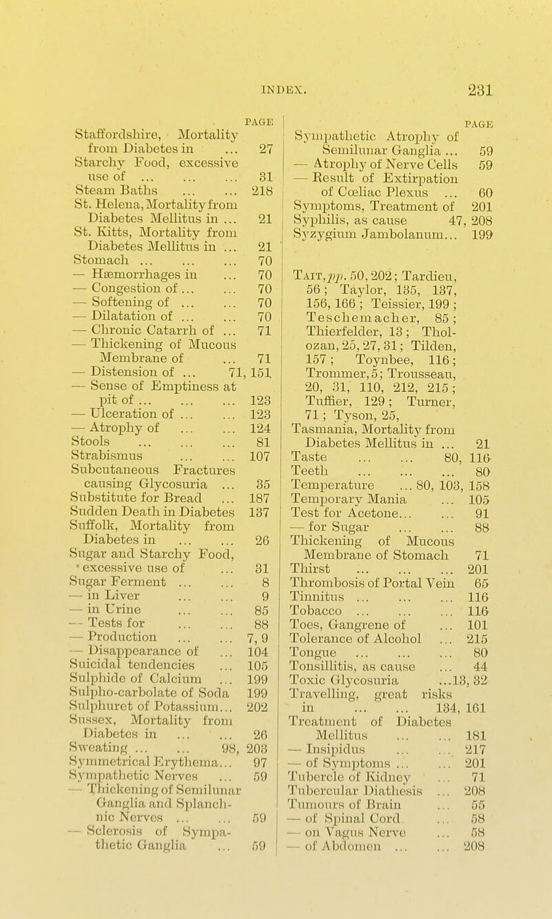 PAGE | Staffordshire, Mortality from Diabetes in ... 27 Starchy Food, excessive use of 31 Steam Baths ... ... '218 St. Helena, Mortality from Diabetes Mellitus in ... 21 St. Kitts, Mortality from Diabetes Mellitus in ... 21 Stomach ... 70 — Haemorrhages in ... 70 — Congestion of ... ... 70 — Softening of ... ... 70 — Dilatation of ... ... 70 — Chronic Catarrh of ... 71 — Thickening of Mucous Membrane of ... 71 - Distension of ... 71,151 — Sense of Emptiness at pit of 123 — Ulceration of ... ... 123 — Atrophy of 124 Stools 81 Strabismus ... ... 107 Subcutaneous Fractures causing Glycosuria ... 35 Substitute for Bread ... 187 Sudden Death in Diabetes 137 Suffolk, Mortality from Diabetes in ... ... 26 Sugar and Starchy Food, ■ excessive use of ... 31 Sugar Ferment 8 — in Liver ... ... 9 — in Urine ... ... 85 — Tests for 88 — Production ... ... 7,9 — Disappearance of ... 104 Suicidal tendencies ... 105 Sulphide of Calcium ... 199 Sulpho-carbolate of Soda 199 Sulphuret of Potassium... 202 Sussex, Mortality from Diabetes in ... ... 26 Sweating 98, 203 Symmetrical Erythema... 97 Sympathetic Nerves ... 59 Thickening of Semilunar Ganglia and Splanch- nic Nerves ... ... 59 — Sclerosis of Sympa- thetic Ganglia ... 59 PAGE Sympathetic Atrophy of Semilunar Ganglia ... 59 — Atrophy of Nerve Cells 59 — Result of Extirpation of Cceliac Plexus ... 60 Symptoms, Treatment of 201 Syphilis, as cause 47, 208 Syzygium Jambolanum... 199 Tait,^- 50,202; Tardieu, 56; Taylor, 135, 137, 156,166 ; Teissier, 199 ; Teschem acher, 85; Thierfelder, 13; Thol- ozan, 25, 27, 31; Tilden, 157 ; Toynbee, 116; Trommer, 5; Trousseau, 20, 31, 110, 212, 215; Turner, 129; Turner, 71; Tyson, 25, Tasmania, Mortality from Diabetes Mellitus in ... 21 Taste 80, 116 Teeth 80 Temperature ... 80, 103, 158 Temporary Mania ... 105 Test for Acetone 91 — for Sugar 88 Thickening of Mucous Membrane of Stomach 71 Thirst 201 Thrombosis of Portal Vein 65 Tinnitus 116 Tobacco 116 Toes, Gangrene of ... 101 Tolerance of Alcohol ... 215 Tongue ... ... ... 80 Tonsillitis, as cause ... 44 Toxic Glycosuria ...13,32 Travelling, great risks in 134, 161 Treatment of Diabetes Mellitus 181 — Insipidus ... ... 217 of Symptoms ... ... 201 Tubercle of Kidney . . 71 Tubercular Diathesis . . 208 Tumours of Brain ... 55 — of Spinal Cord ... 58 — on Vagus Nerve ... 58 of Abdomen 'Jus