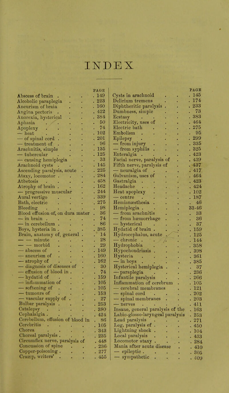 INDEX PAGE Abscess of brain .... 149 Alcoholic paraplegia . . . 223 Aneurism of brain . . . 160 Angina pectoris .... 422 Anorexia, hysterical . . • 384 Aphasia . . . . .50 Apoplexy . . . . .74 — heat 102 — of spinal cord .... 201 — treatment of . . . .96 Arachnitis, simple . . . 135 — tubercular .... 125 — causing hemiplegia . . 33 Arachnoid cysts .... 145 Ascending paralysis, acute . . 225 Ataxy, locomotor .... 284 Athetosis ..... 458 Atrophy of brain .... 162 — progressive muscular . . 244 Aural vertigo .... 339 Bath, electric .... 275 Bleeding 98 Blood effusion of, on dura mater . 36 — in brain 74 — in cerebellum . . . .86 Boys, hysteria in . . . . 385 Brain, anatomy of, general . . 14 minute . . • .28 morbid . . . .29 — abscess of .... 149 — aneurism of . . . . 160 — atrophy of ... . 162 — diagnosis of diseases of . .30 — effusion of blood in . . .74 — hydatid of . . . .159 — inflammation of . . , 105 — softening of . . . . 105 — tumours of ... . 153 ■— vascular supply of . . .27 Bulbar paralysis .... 253 Catalepsy 380 Cephalalgia 424 Cerebellum, effusion of blood in . 86 Ccrebritis 105 Chorea 343 Choreal paralysis .... 235 Circumflex nerve, paralysis of . 448 Concussion of spine . . . 236' Copper-poisoning .... 277 Cramp, writers' .... 455 PAGE Cysts in arachnoid . . . 145 Delirium tremens . . . 174 Diphtheritic paralysis . . . 233 Dumbness, simple . . .73 Ecstasy ..... 383 Electricity, uses of . . . 464 Electric bath .... 275 Embolism 95 Epilepsy . . . .299 — from injury .... 335 — from syphilis .... 325 Enteralgia 423 Facial nerve, paralysis of . . 439 Fifth nerve, paralysis of . . 437 — neuralgia of . . . . 417 Galvanism, uses of . . . 464 Gastralgia 423 Headache 424 Heat apoplexy .... 102 — centre 187 Hemiansesthesia . . . .46 Hemiplegia .... 33-46 — from arachnitis . . .33 — from hffimorrhage . . .36 — hysterical . . . .37 Hydatid of brain . . . .159 Hydrocephalus, acute . . . 125 — chronic . . . . . 144 Hydrophobia .... 358 Hypochondriasis .... 398 Hysteria ..... 361 — in boys 385 Hysterical hemiplegia . . .37 — paraplegia .... 236 Infantile paralysis . . . 266 Inflammation of cerebrum . . 105 — cerebral membranes , . 121 — spinal cord .... 202 — spinal membranes . . . 203 — nerves ..... 411 Insane, general paralysis of the , 163 Labio-glosso-laryngeal paralysis . 253 Lead paralysis .... 271 Leg, paralysis of . . . . 450 Lightning shock .... 104 Local paralysis .... 433 Locomotor ataxy . . . . 284 Mania after acute disease . . 4lo — epileptic 805 — sympathetic . . . . -JOy