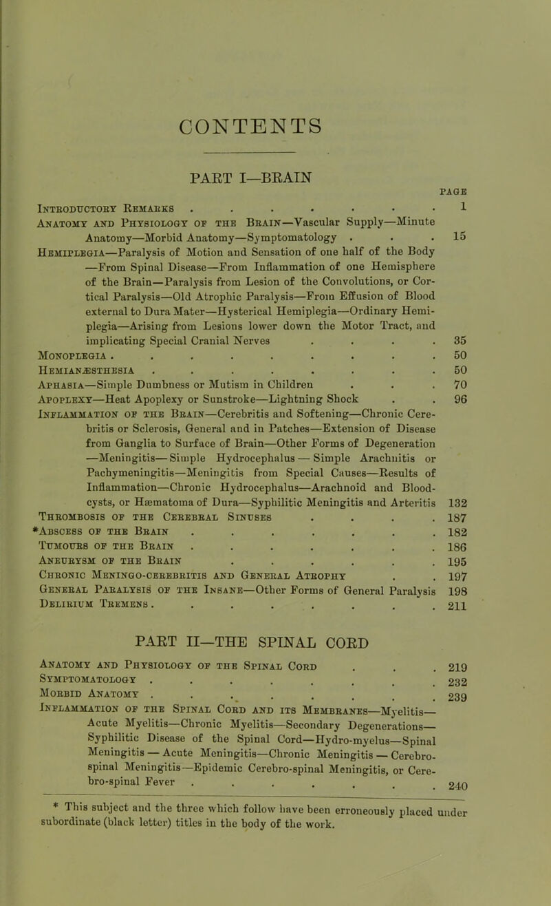 CONTENTS PAET I—BEAIN PAGB Inteodttctoet Rkmaeks Anatomx and Physiology of the Beain—Vascular Supply—Minute Anatomy—Morbid Anatomy—Symptomatology . . .15 Hemiplegia—Paralysis of Motion and Sensation of one half of the Body —From Spinal Disease—From Inflammation of one Hemisphere of the Brain—Paralysis from Lesion of the Convolutions, or Cor- tical Paralysis—Old Atrophic Paralysis—From Effusion of Blood external to Dura Mater—Hysterical Hemiplegia—Ordinary Hemi- plegia—Arising from Lesions lower down the Motor Tract, and implicating Special Cranial Nerves . . . .35 Monoplegia ......... 50 Hemianesthesia . . . . • . . .50 Aphasia—Simple Dumbness or Mutism in Children . . .70 Apoplexy—Heat Apoplexy or Sunstroke—Lightning Shock . . 96 Inflammation op the Beain—Cerebritis and Softening—Chronic Cere- britis or Sclerosis, General and in Patches—Extension of Disease from Ganglia to Surface of Brain—Other Forms of Degeneration —Meningitis— Siujple Hydrocephalus — Simple Arachnitis or Pachymeningitis—Meningitis from Special Causes—Results of Inflammation—Chronic Hydrocephalus—Arachnoid and Blood- cysts, or Hiematoma of Dura—Syphilitic Meningitis and Arteritis 132 Theombosis of the Ceeebeal Sinuses .... 187 ♦Abscess of the Beain ....... 182 TUMOUES OF THE BeAIN ....... 186 Aneueysm OF THE Beain ...... 195 Cheonic Meningo-ceeebeitis and General Ateophy . . 197 Geneeal Paealysis of the Insane—Other Forms of General Paralysis 198 Delieium Teemens . . . . . . . . 211 PAET II—THE SPINAL COED Anatomy and Physiology of the Spinal Coed Symptomatology ........ Moebid Anatomy ....... Inflammation of the Spinal Coed and its Membeanes—Myelitis Acute Myelitis—Chronic Myelitis—Secondary Degenerations Syphilitic Disease of the Spinal Cord—Hydro-myelus—Spinal Meningitis — Acute Meningitis—Chronic Meningitis — Cerebro- spinal Meningitis—Epidemic Cerebro-spinal Meningitis, or Cere- hro-spinal Fever ...... * This subject and the three which follow have been erroneously placed under subordinate (black letter) titles in the body of the work.