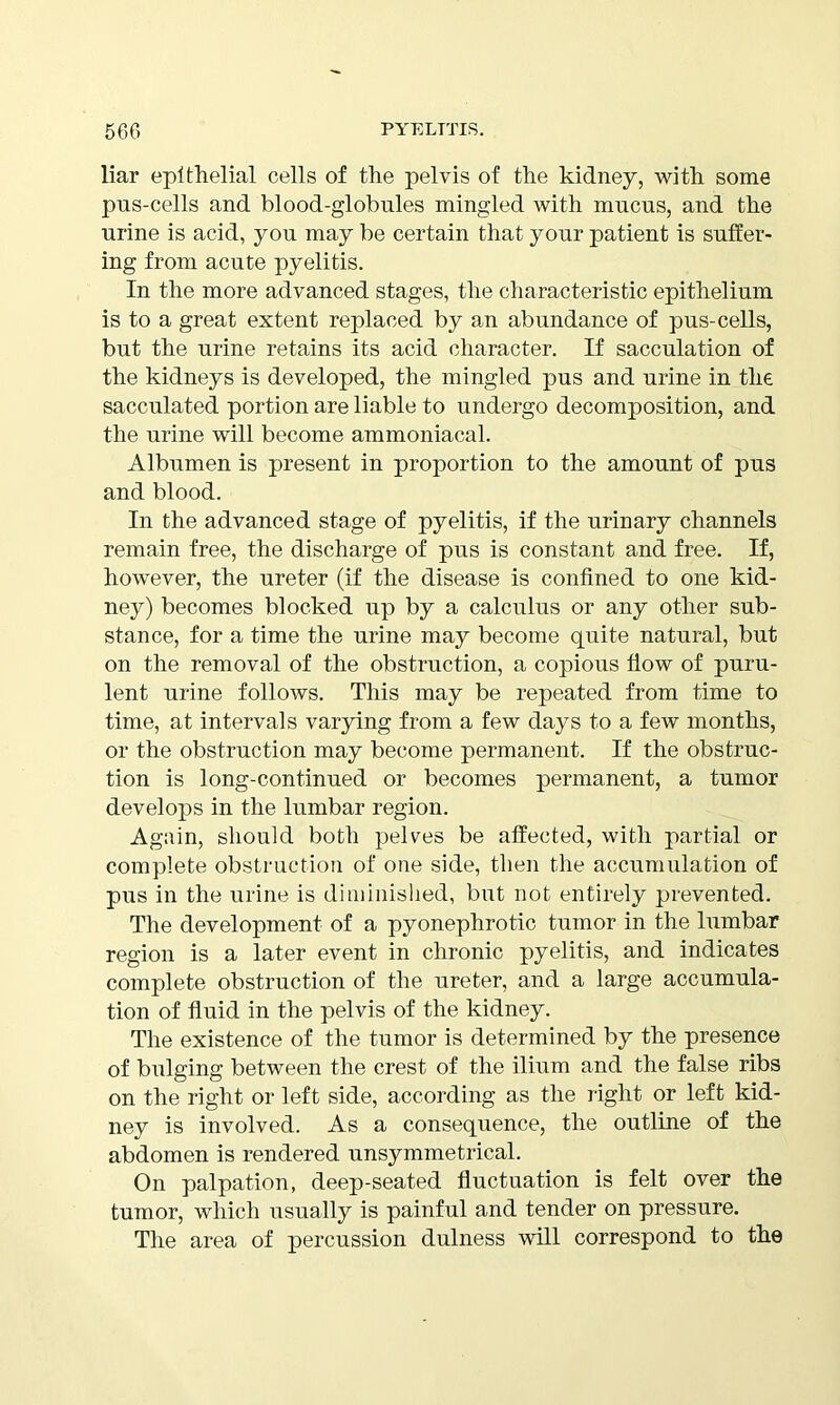 liar epithelial cells of the pelvis of the kidney, with some pns-cells and blood-globules mingled with mucus, and the urine is acid, you may be certain that your patient is suffer- ing from acute pyelitis. In the more advanced stages, the characteristic epithelium is to a great extent replaced by an abundance of pus-cells, but the urine retains its acid character. If sacculation of the kidneys is developed, the mingled pus and urine in the sacculated portion are liable to undergo decomposition, and the urine will become ammoniacal. Albumen is present in proportion to the amount of pus and blood. In the advanced stage of pyelitis, if the urinary channels remain free, the discharge of pus is constant and free. If, however, the ureter (if the disease is confined to one kid- ney) becomes blocked up by a calculus or any other sub- stance, for a time the urine may become quite natural, but on the removal of the obstruction, a copious flow of puru- lent urine follows. This may be repeated from time to time, at intervals varying from a few days to a few months, or the obstruction may become permanent. If the obstruc- tion is long-continued or becomes permanent, a tumor develops in the lumbar region. Again, should both pelves be affected, with partial or complete obstruction of one side, then the accumulation of pus in the urine is diminished, but not entirely prevented. The development of a pyonephrotic tumor in the lumbar region is a later event in chronic pyelitis, and indicates complete obstruction of the ureter, and a large accumula- tion of fluid in the pelvis of the kidney. The existence of the tumor is determined by the presence of bulging between the crest of the ilium and the false ribs on the right or left side, according as the right or left kid- ney is involved. As a consequence, the outline of the abdomen is rendered unsymmetrical. On palpation, deep-seated fluctuation is felt over the tumor, which usually is painful and tender on pressure. The area of percussion dulness will correspond to the