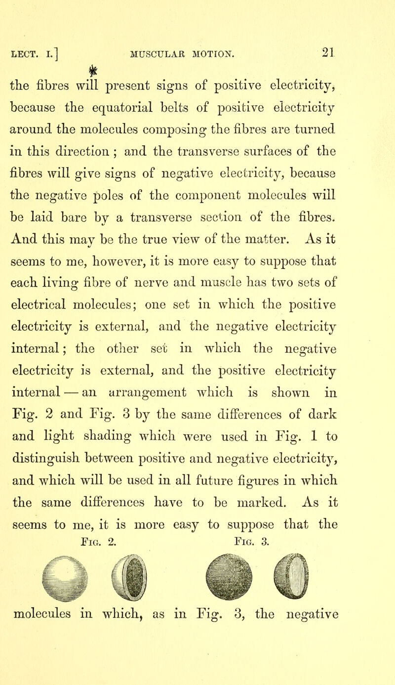 the fibres will present signs of positive electricity, because tbe equatorial belts of positive electricity around the molecules composing the fibres are turned in this direction ; and the transverse surfaces of the fibres will give signs of negative electricity, because the negative poles of the component molecules will be laid bare by a transverse section of the fibres. And this may be the true view of the matter. As it seems to me, however, it is more easy to suppose that each living fibre of nerve and muscle has two sets of electrical molecules; one set in which the positive electricity is external, and the negative electricity internal; the other set in which the negative electricity is external, and the positive electricity internal — an arrangement which is shown in Fig. 2 and Fig. 3 by the same diff'erences of dark and light shading which were used in Fig. 1 to distinguish between positive and negative electricity, and which will be used in all future figures in which the same difierences have to be marked. As it seems to me, it is more easy to suppose that the Fig. 2. Fig. 3. molecules in which, as in Fig. 3, the negative