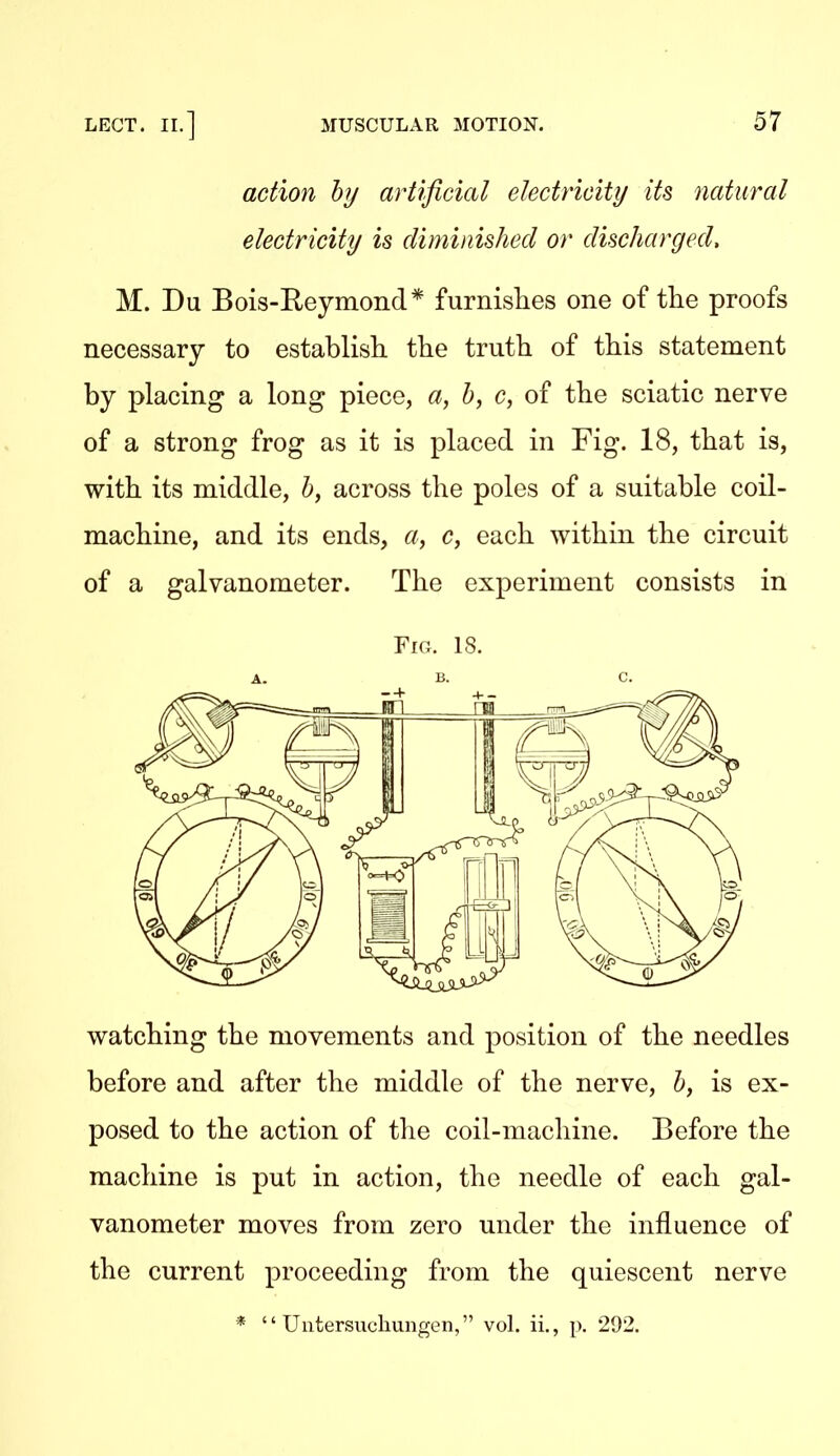 action by artificial electricity its natural electricity is diminished or discharged, M. Du Bois-Eeymond* furnishes one of the proofs necessary to establish, the truth of this statement by placing a long piece, a, b, c, of the sciatic nerve of a strong frog as it is placed in Fig. 18, that is, with its middle, b, across the poles of a suitable coil- machine, and its ends, «, c, each within the circuit of a galvanometer. The experiment consists in Fio. 18. watching the movements and position of the needles before and after the middle of the nerve, b, is ex- posed to the action of the coil-machine. Before the machine is put in action, the needle of each gal- vanometer moves from zero under the influence of the current proceeding from the quiescent nerve