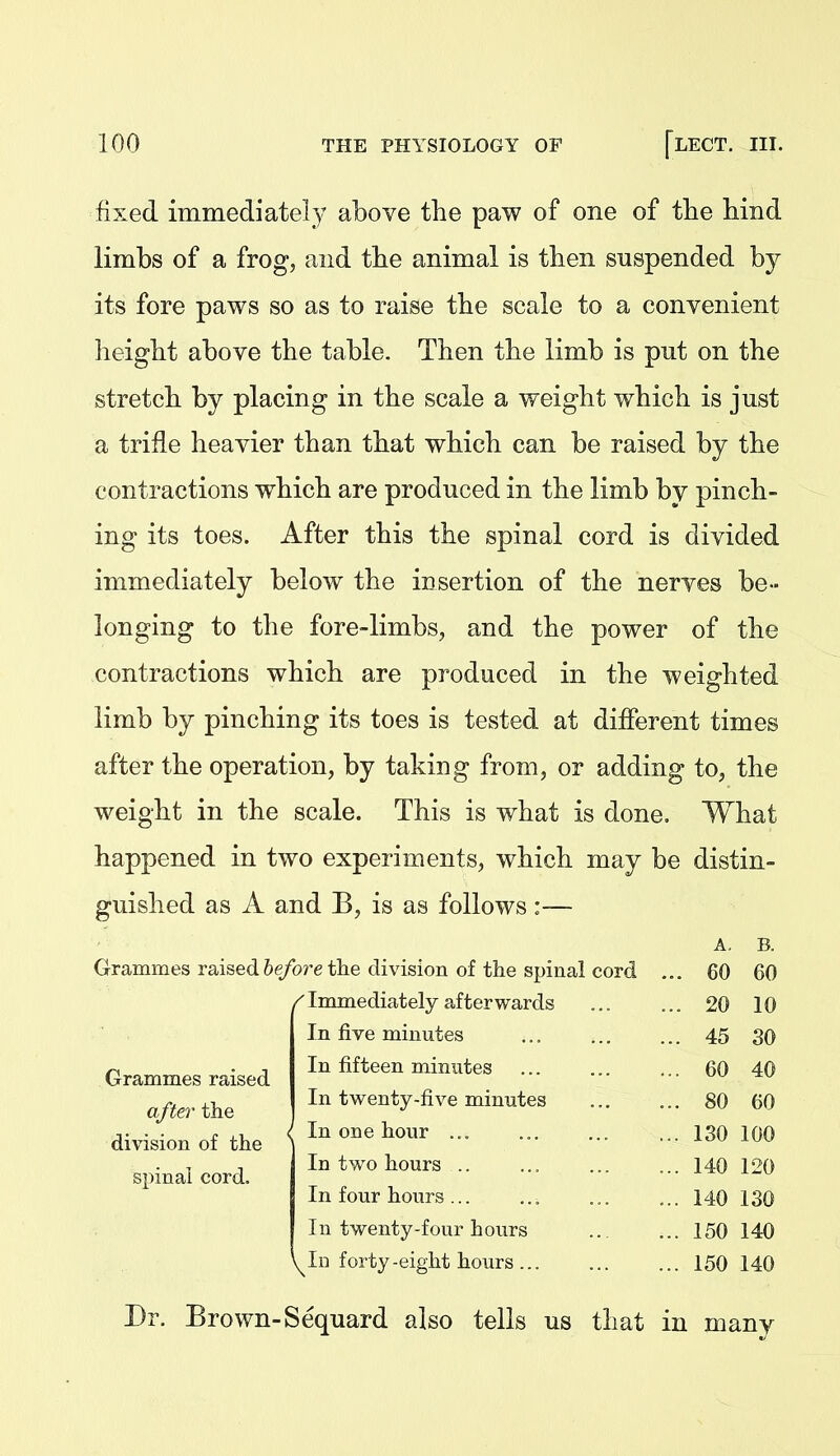 fixed immediately above the paw of one of the hind limbs of a frog, and the animal is then suspended by its fore paws so as to raise the scale to a convenient height above the table. Then the limb is put on the stretch by placing in the scale a weight which is just a trifle heavier than that which can be raised by the contractions which are produced in the limb by pinch- ing its toes. After this the spinal cord is divided immediately below the insertion of the nerves be- longing to the fore-limbs, and the power of the contractions which are produced in the weighted limb by pinching its toes is tested at different times after the operation, by taking from, or adding to, the weight in the scale. This is what is done. What happened in two experiments, which may be distin- guished as A and B, is as follows :— A. B. Grammes raised&e/o7'e the division of the spinal cord ... 60 60 ^Immediately afterwards ... ... 20 10 In five minutes ... ... 45 30 In fifteen minutes ... 60 40 In twenty-five minutes ... ... 80 60 ( In one hour ... 130 100 In two hours .. ... ... ... 140 120 In four hours ... ... 140 130 In twenty-four hours 150 140 forty-eight hours 150 140 Dr. Brown-Sequard also tells us that in many Grammes raised after the division of the spinal cord.