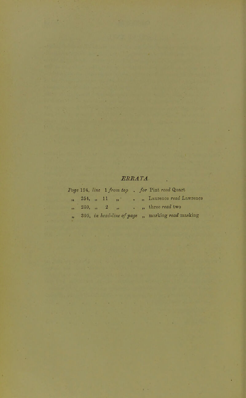 unit AT A Page 19-4, line 1 fro7n top . for Pint read Q,uarb „ 254, „ 11 „ . „ Laurence read Lawrence „ 269, „ 2 „ . „ three read two „ 305, in head-line of page „ marking reatf masking