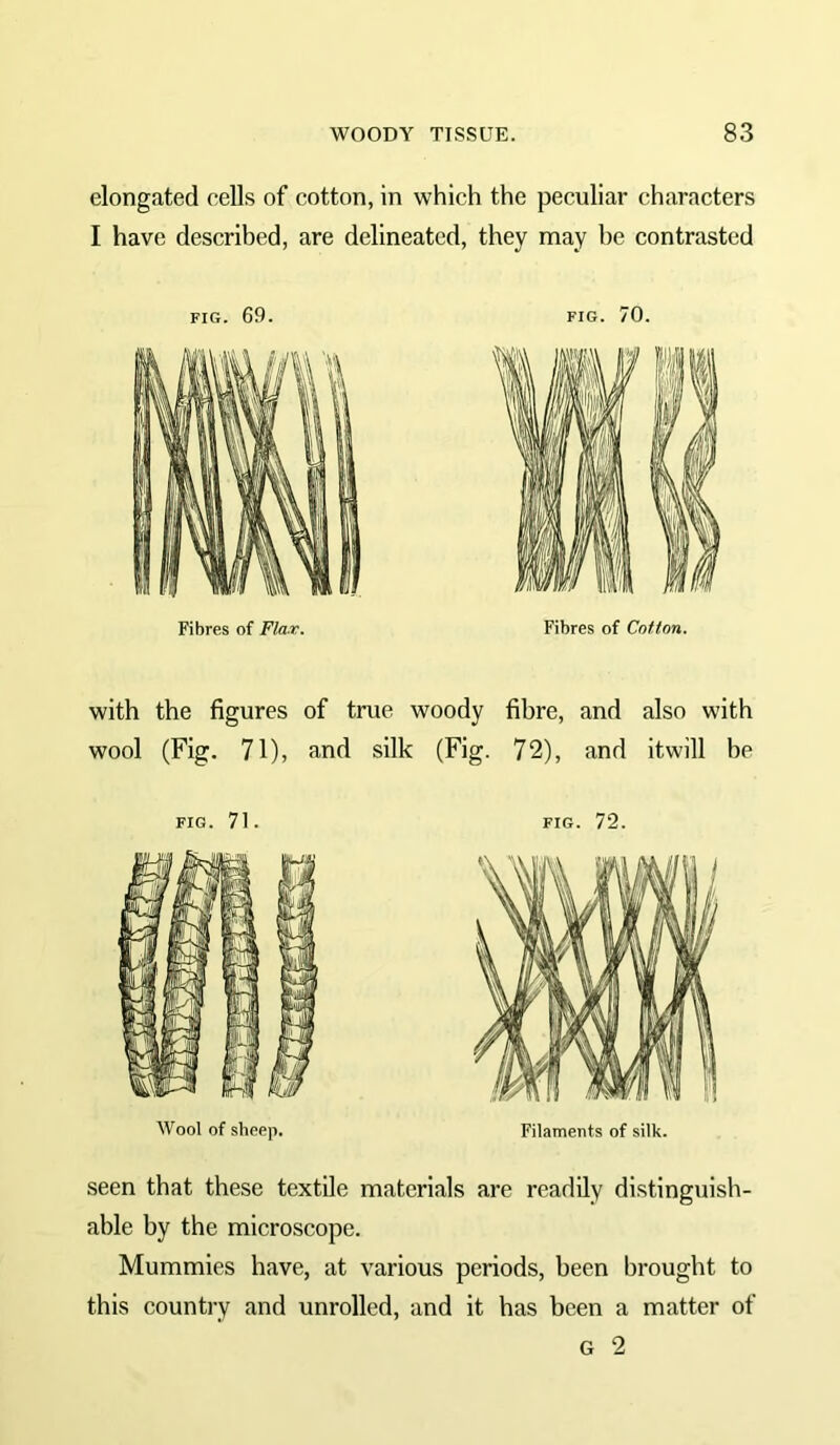 elongated cells of cotton, in which the peculiar characters I have described, are delineated, they may be contrasted FIG. 69. FIG. 70. Fibres of Flar. Fibres of Cotton. with the figures of true woody fibre, and also with wool (Fig. 71), and silk (Fig. 72), and itwill be FIG. 71. Wool of sheep. FIG. 72. Filaments of silk. seen that these textile materials are readily distinguish- able by the microscope. Mummies have, at various periods, been brought to this country and unrolled, and it has been a matter of