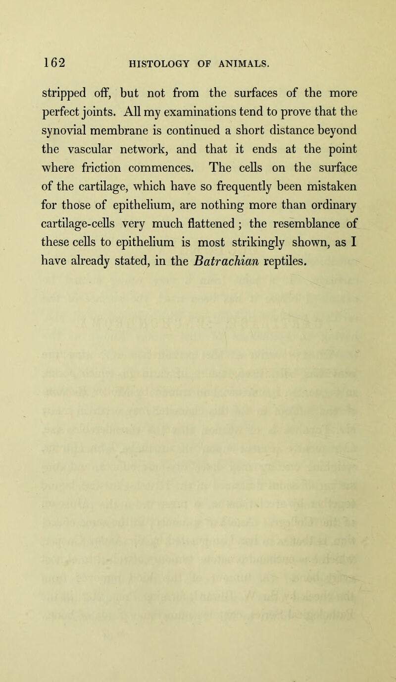 stripped off, but not from the surfaces of the more perfect joints. All my examinations tend to prove that the synovial membrane is continued a short distance beyond the vascular network, and that it ends at the point where friction commences. The cells on the surface of the cartilage, which have so frequently been mistaken for those of epithelium, are nothing more than ordinary cartilage-cells very much flattened ; the resemblance of these cells to epithelium is most strikingly shown, as I have already stated, in the Batrachian reptiles.