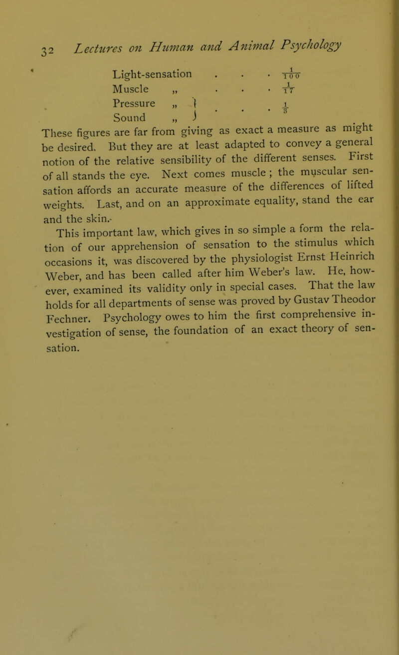 kJ Light-sensation . . • ttto Muscle „ • • • iT Pressure „ t i. Sound „ i These figures are far from giving as exact a measure as might be desired. But they are at least adapted to convey a general notion of the relative sensibility of the different senses. First of all stands the eye. Next comes muscle ; the muscular sen- sation affords an accurate measure of the differences of lifted weights. Last, and on an approximate equality, stand the ear and the skin.- This important law, which gives in so simple a form the rela- tion of our apprehension of sensation to the stimulus which occasions it, was discovered by the physiologist Ernst Heinrich Weber, and has been called after him Weber's law. He, how- ever, examined its validity only in special cases. That the law hold's for all departments of sense was proved by Gustav Theodor Fechner. Psychology owes to him the first comprehensive in- vestigation of sense, the foundation of an exact theory of sen- sation.