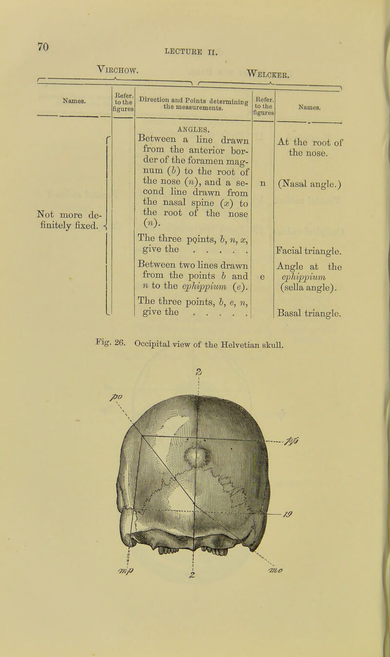 LECTURE ir. VmcHow. Welckee. Names. Befer. to the figures Not more de- finitely fixed. Direction and Points detennining tlie measurements. ANGLES. Between a line drawn from the anterior bor- der of the foramen mag- num (h) to the root of the nose (»), and a se- cond line drawn from the nasal spine (x) to the root of the nose (n). The three pQints, h, n, x, give the Between two Hnes drawn from the points b and n to the e^hippiwm (e). The three points, h, e, n, give the Refer, to the figures Names. At the root of the nose. (Nasal angle.) Facial triangle. Angle at the (sella angle). Basal triangle. Fig. 26. Occipital view of tlie Helvetian sMl.