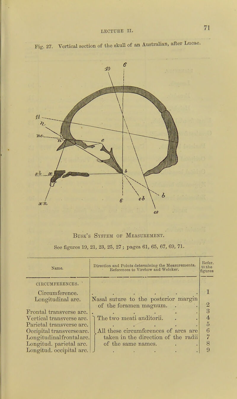 Vei-tical section of the ekuU of an AustraUan, after do Busk's System of Measurement, See figures 19, 21, 23, 25, 27; pages 61, 65, 67, 69, 71. Name. CIRCUMFERENCES. ' CircTimference. Longitudinal arc. Frontal transverse arc. Vertical transverse arc. Parietal transverse arc. Occipital transverse arc. Lon gituclinal frontal arc. Longitud. parietal arc. Longitud. occipital arc. Direction nnd Points determining the Measurements. References to Virohow and Welcker. Nasal suture to tlie posterior margin of tlie foramen magnum. The two meati auditorii. All these circumferences of arcs are taken in the direction of the radii of the same names. Refer, to the figures 2 3 4 5 6 7 8 9