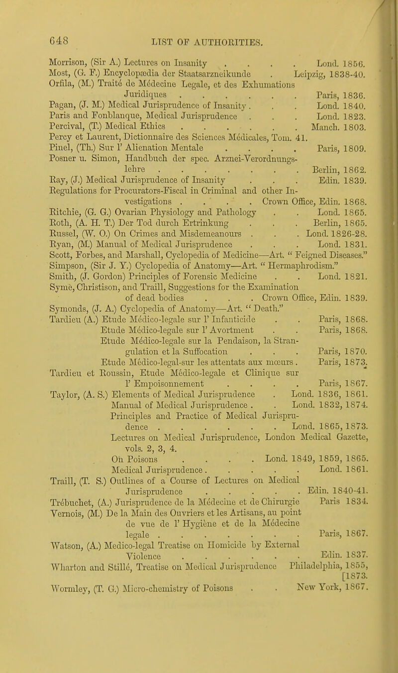 C48 LIST OF AUTHORITIES. Morrison, (Sir A.) Lectures on Insanity .... Lond. 1856. Most, (G. F.) Encyclopajdia der Staatsarzneikimde . Leipzig, 1838-40. Orfila, (M.) Traite de Mddecine Legale, et des Exhumations Juridiques Paris, 1836. Pagan, (J. M.) Medical Jurisprudence of Insanity . . . Lond. 1840. Paris and Fonblanque, Medical Jurisprudence . . . Lond. 1823. Percival, (T.) Medical Ethics . . . . . . Manch. 1803. Percy et Laurent, Dictionnaire des Sciences M&licales, Toiu. 41. Pinel, (Th.) Sur r Alienation Mentale .... Paiis, 1809. Posner u. Simon, Handhuch der spec. Arznei-Verordnungs- lehre Berlin, 1862. Eay, (J.) Medical Jurisprudence of Insanity . . . Edin. 1839. Eegulations for Procurators-Fiscal in Criminal and other In- vestigations . . . . Crown Office, Edin. 1868. Eitchie, (G. G.) Ovarian Physiology and Pathology . . Lond. 1865. Eoth, (A. H. T.) Der Tod durch Ertrinkung . . . Berlin, 1865. Eussel, (W. 0.) On Crimes and Misdemeanours . . . Lond. 1826-28. Eyan, (M) Manual of Medical Jurisprudence . . . Lond. 1831. Scott, Forbes, and Marshall, Cyclopedia of Medicine—Art.  Feigned Diseases. Simpson, (Sir J. Y.) Cyclopedia of Anatomy—Art.  Herma]Dhrodism. Smith, (J. Gordon) Principles of Forensic Medicine . . Lond. 1821. Syme, Christison, and Traill, Suggestions for the Examination of dead bodies . . . Cro^^^l Office, Edin. 1839. Symonds, (J. A.) Cyclopedia of Anatomy—Art.  Death. Tardieu (A.) Etude Medico-legale sur 1' Infanticide . . Paris, 1868. Etude Medico-legale sur 1'Avortment . . Paris, 1868. Etude Medico-legale sur la Pendaison, la Stran- gulation et la Suffocation . . . Paris, 1870. Etude Medico-legal-snr les attentats aux maurs . Paris, 1873. Tardieu et Eoussin, Etude Medico-legale et Clinique sur r Empoisonnement .... Paris, 1867. Taylor, (A. S.) Elements of Medical Jurisprudence . Loud. 1836, 1861. Manual of Medical Jurisprudence . . Lond. 1832, 1874. Principles and Practice of Medical Jurispru- dence Lond. 1865, 1873. Lectures on Medical Jurisprudence, London Medical Gazette, vols. 2, 3, 4. Oil Poisons .... Lond. 1849, 1859, 1865. Medical Jurisprudence . .... Lond. 1861. Traill, (T. S.) Outlines of a Course of Lectures on Medical Jurisprudence Edin. 1840-41. Trebuchet, (A.) Jurisprudence de la Medeciue et deChirurgie Paris 1834. Vernois, (M.) De la Main des Ouvriers et les Artisans, au point de vne de 1' Hygiene et de la Mddecine legale Paris, 1867. Watson, (A.) Medico-legal Treatise on Homicide by External Violence Edin. 1837. Wharton and Stille, Treatise on Medical Jurisprudence Pliiladdphia, 1855, [1873. Wormley, (T. G.) ilicro-chcmistry of Poisons . . New York, 1867.