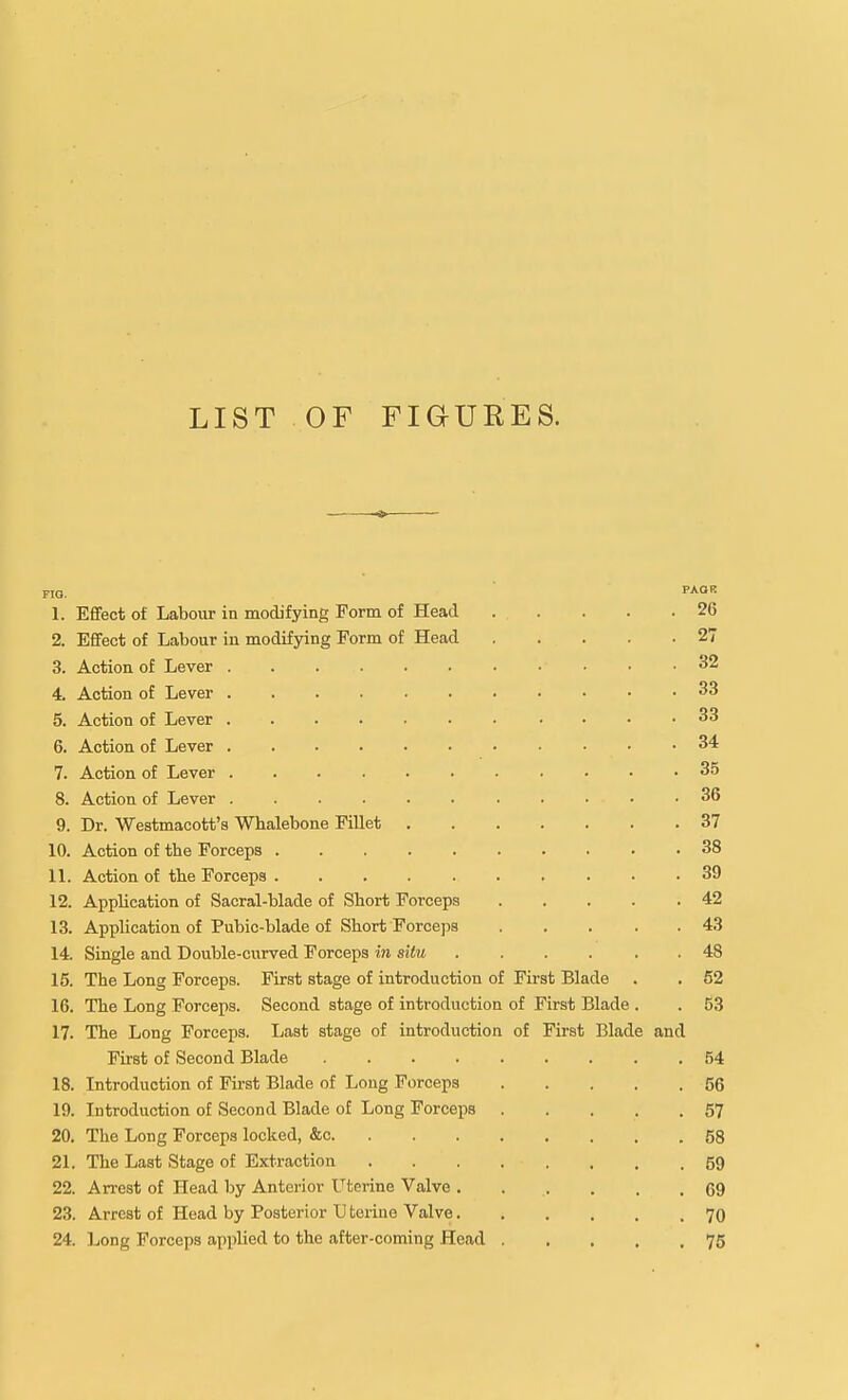 LIST OF FIGURES. FIQ. P-*^ 1. Effect of Labour in modifying Form of Head 26 2. Effect of Labour iu modifying Form of Head 27 3. Action of Lever 32 4. Action of Lever 33 5. Action of Lever 33 6. Action of Lever 34 7. Action of Lever 35 8. Action of Lever 36 9. Dr. Westmacott's Whalebone Fillet 37 10. Action of the Forceps 38 11. Action of the Forceps 39 12. Application of Sacral-blade of Short Forceps 42 13. Application of Pubic-blade of Short Forceps 43 14. Single and Double-curved Forceps in situ 48 15. The Long Forceps. First stage of introduction of First Blade . . 52 16. The Long Forceps. Second stage of introduction of First Blade . . 53 17. The Long Forceps. Last stage of introduction of First Blade and First of Second Blade 54 18. Introduction of First Blade of Long Forceps 56 19. Introduction of Second Blade of Long Forceps 57 20. The Long Forceps locked, &c 58 21. The Last Stage of Extraction 59 22. Arrest of Head by Anterior Uterine Valve . . , . . .69 23. Arrest of Head by Posterior Uterine Valve 70 24. Long Forceps applied to the after-coming Head 75