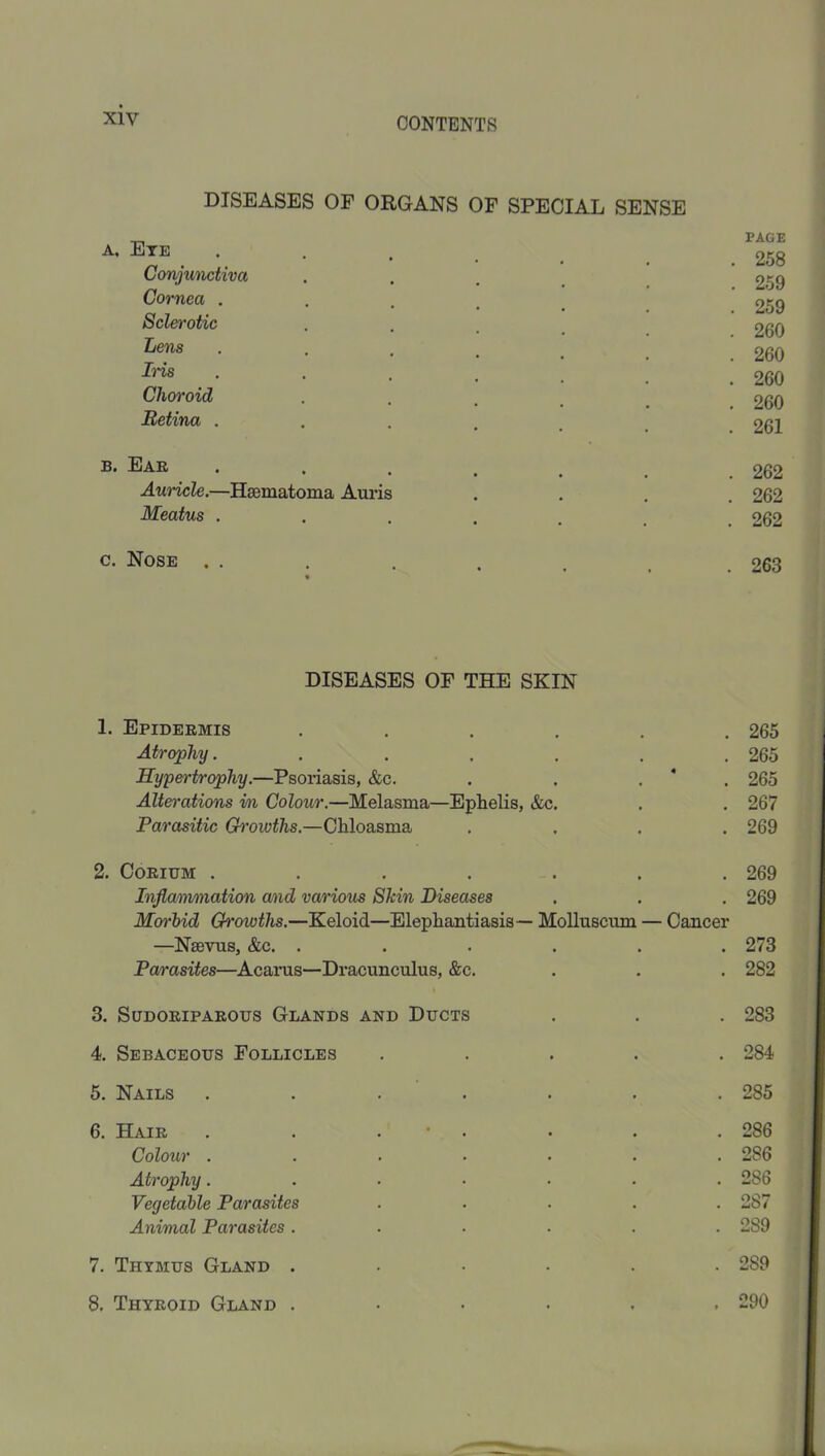 DISEASES OF ORGANS OF SPECIAL SENSE A. EtE Conjwnctiva Cornea . Sclerotic Lens Lds Choroid Retina . • . . . . . .262 Auricle.—Haematoraa Auris .... 262 Meatus ....... 262 c. Nose . . . . . . , ,263 DISEASES OF THE SKIN 1. Epidermis ...... 265 Atrophy. . . . . . .265 Hypertrophy.—Psoriasis, &c. . . . * . 265 Alterations m Colour.—Melasma—EpLelis, &c. . . 267 Parasitic Ch’owths.—Chloasma .... 269 2. CoRiUM ....... 269 Injla/imaation mid various Shin Diseases . . . 269 Morbid Growths.—Keloid—Elephantiasis— Molluscum — Cancer —Nsevus, &c. ...... 273 Parasites—Acarus—Dracunculus, &c. . . . 282 3. Sudoriparous Glands and Ducts . . . 283 4. Sebaceous Follicles ..... 284 5. Nails ....... 285 6. Hair . . . • . . . .286 Colour ....... 286 Atrophy....... 286 Vegetable Parasites . . . . .287 Animal Parasites ...... 289 289 . 290 . 258 . 259 . 259 . 260 . 260 . 260 . 260 7. Thymus Gland . 8. Thyroid Gland .