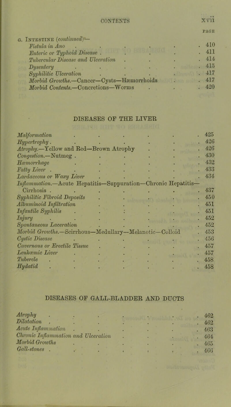 PAGE G. Intestine {continued)— Fistula in Ano . . . . . .410 Enteric or Typhoid Disease . . . . .411 Tubercular Disease and Ulceration . . . • 414 Dysentei'y ...... 415 Syphilitic Ulco'ation . . . . .417 Morbid Growths.—Cancer—Cysts—HremoiTlioids . . 417 Morbid Contents.—Concretions—Worms . . . 420 DISEASES OF THE LIVER Malformation ...... 425 HypeHrophy....... 426 Atrophy.—Yellow and Red—Brown AtropLy . . . 426 Congestion.—Nutmeg ...... 430 Hcemorrhage ...... 432 Fatty Liver ....... 433 Lardaceous or Waxy Liver ..... 434 Inflammation.—Acute Hepatitis—Suppuration—Chronic Hepatitis— CiiThosis ....... 437 Syphilitic Fibroid Deposits . . . . .450 Albuminoid Infiltration ..... 451 Infantile Syphilis . . : . . .451 Infury ....... 452 Spontaneous Laco'otion ..... 452 Morbid Growths.—Scirrhous—Medullary—Melanotic—Colloid . 453 Cystic Disease ...... 456 Cavernous or Erectile Tissue ..... 457 Leukcemic Liver ...... 457 Tubercle ....... 458 Hydatid . . . . . . . 458 DISEASES OF GALL-BLADDER AND DUCTS Atrophy . . . . . . .462 Dilatation ....... 462 Acute Inflammation ...... 463 Chronic Inflammation and Ulceration .... 464 Morbid Growths ...... 465 Gall-stones 4.CO