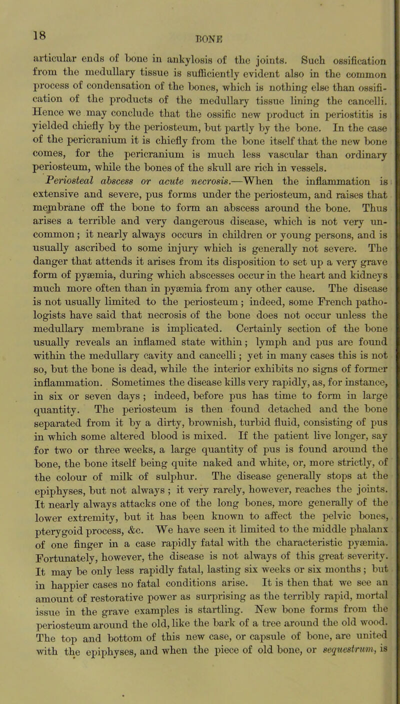 I^ONR articular ends of Lone in ankylosis of tlic joints. Such ossification from the mcdullaiy tissue is sufficiently evident also in the common process of condensation of the hones, which is nothing else than ossifi- cation of the products of the medullary tissue lining the cancelli. Hence we may conclude that the ossific new product in periostitis is yielded chiefly by the periosteum, but partly by the bone. In the case of the pericranium it is chiefly from the bone itself that the new bone comes, for the pericranium is much less vascular than ordinary periosteum, while the bones of the skull are rich in vessels. Periosteal abscess or acute necrosis.—When the inflammation is extensive and severe, pus forms under the periosteum, and raises that mejpbrane off the bone to fonn an abscess around the bone. Thus arises a terrible and very dangerous disease, which is not very un- common ; it nearly always occurs in children or young persons, and is usually ascribed to some injury which is generally not severe. The danger that attends it arises from its disposition to set up a very grave form of pyaemia, during which abscesses occur in the heart and kidneys much more often than in pyaemia from any other cause. The disease is not usually limited to the periosteum; indeed, some French patho- logists have said that necrosis of the bone does not occur rmless the medullary membrane is implicated. Certainly section of the bone usually reveals an inflamed state within; lymph and pus are found within the medullary cavity and cancelli; yet in many cases this is not so, but the bone is dead, while the interior exhibits no signs of former inflammation. Sometimes the disease kills veiy rapidly, as, for instance, in six or seven days ; indeed, before pus has time to fonn in large quantity. The periosteum is then found detached and the bone separated from it by a dirty, brownish, turbid fluid, consisting of pus in which some altered blood is mixed. If the patient live longer, say for two or three weeks, a large quantity of pus is found around the bone, the bone itself being quite naked and white, or, more strictly, of the colour of milk of sulphur. The disease generally stops at the epiphyses, but not always ; it very rarely, however, reaches the joints. It nearly always attacks one of the long bones, more generally of the lower extremity, but it has been known to affect the pelvic bones, pterygoid process, &c. We have seen it limited to the middle phalanx of one finger in a case rapidly fatal with the characteristic pyaemia. Fortunately, however, the disease is not always of this great severity. It may be only less rapidly fatal, lasting six weeks or six months; but in happier cases no fatal conditions arise. It is then that we see an amount of restorative power as surprising as the terribly rapid, mortal issue in the grave examples is startling. New bone forms from tlie periosteiun around the old, like the bark of a tree around the old wood. The top and bottom of this new case, or capsule of bone, are united with the epiphyses, and when the piece of old bone, or seqtiestrum, is