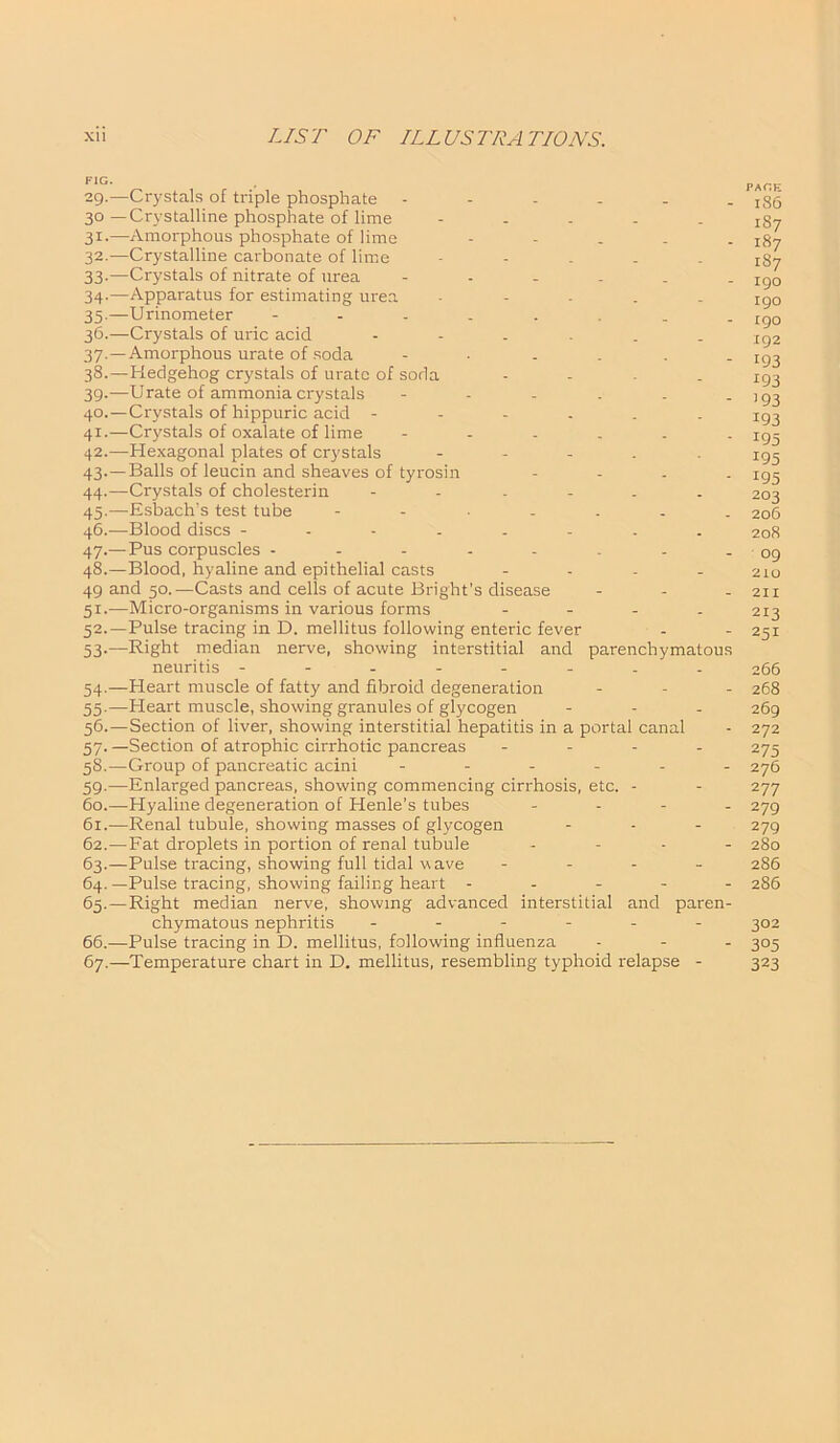 29.—Crystals of triple phosphate 30 —Crystalline phosphate of lime - !g7 31. —Amorphous phosphate of lime - Ig7 32. —Crystalline carbonate of lime - t87 33-—Crystals of nitrate of urea Igo 34. —Apparatus for estimating urea - Igo 35. —Urinometer rgo 36. —Crystals of uric acid [g2 37. —Amorphous urate of soda 38. —Hedgehog crystals of urate of soda . Ig3 39. —Urate of ammonia crystals - - - . . - !93 40. —Crystals of hippuric acid 193 41. —Crystals of oxalate of lime 193 42. —Hexagonal plates of crystals - 193 43. —Balls of leucin and sheaves of tyrosin - xg^ 44. —Crystals of cholesterin 203 45. —Esbach’s test tube 206 46. —Blood discs -------- 208 47. — Pus corpuscles - - - - - - - - 09 48. —Blood, hyaline and epithelial casts - 210 49 and 50.—Casts and cells of acute Bright’s disease - 211 51. —Micro-organisms in various forms - 213 52. —Pulse tracing in D. mellitus following enteric fever - - 251 53. —Right median nerve, showing interstitial and parenchymatous neuritis -------- 266 54. —Heart muscle of fatty and fibroid degeneration - - - 268 55. —Heart muscle, showing granules of glycogen - - - 269 56. —Section of liver, showing interstitial hepatitis in a portal canal - 272 57. —Section of atrophic cirrhotic pancreas - 275 58. —Group of pancreatic acini ------ 276 59. —Enlarged pancreas, showing commencing cirrhosis, etc. - - 277 60. —Hyaline degeneration of Henle’s tubes - 279 61. —Renal tubule, showing masses of glycogen - - - 279 62. —Fat droplets in portion of renal tubule - 280 63. —Pulse tracing, showing full tidal wave - 286 64. —Pulse tracing, showing failing heart ----- 286 65. —Right median nerve, showing advanced interstitial and paren- chymatous nephritis ------ 302 66. —Pulse tracing in D. mellitus, following influenza - - - 305 67. —Temperature chart in D. mellitus, resembling typhoid relapse - 323