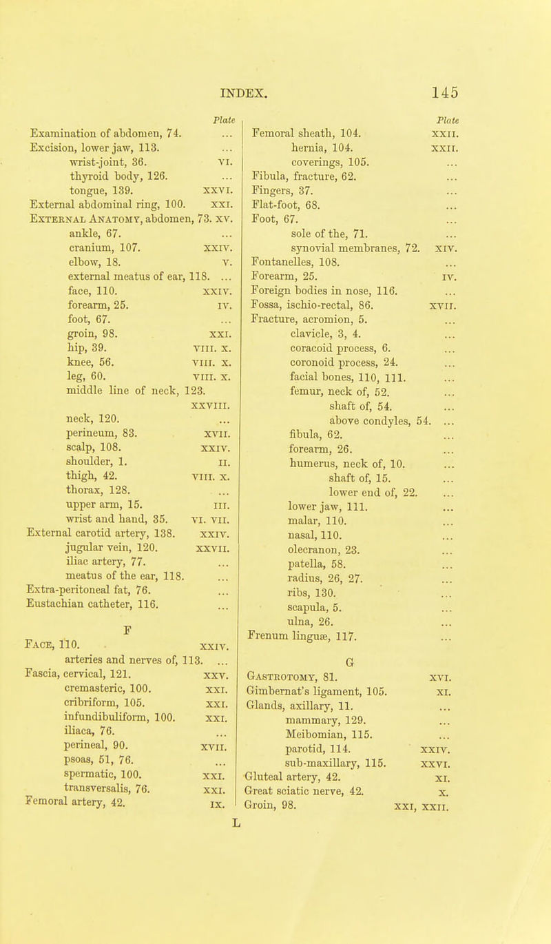 Plate Plate Examination of abdomen, 74. Femoral sheath, 104. XXII. Excision, lower jaw, 113. hernia, 104. XXII. wrist-joint, 36. VI. coverings, 105. thyroid body, 126. Fibula, fracture, 62. tongue, 139. XXVI. Fingers, 37. External abdominal ring, 100. XXI. Flat-foot, 68. ... External Anatomy, abdomen, 73. xv. Foot, 67. ankle, 67. sole of the, 71. cranium, 107. XXIV. synovial membranes, 72. XIV. elbow, 18. V. Fontanelles, 108. external meatus of ear, 118. ... Forearm, 25. IV. face, 110. XXIV. Foreign bodies in nose, 116. forearm, 25. IV. Fossa, ischio-rectal, 86. XVII. foot, 67. Fracture, acromion, 5. groin, 98. XXI. clavicle, 3, 4. hip, 39. VIII. X. coracoid process, 6. knee, 56. Till. X. coronoid process, 24. leg, 60. VIII. X. facial bones, 110, 111. middle line of neck, 123. femur, neck of, 52. XXVIII. shaft of, 54. neck, 120. above condyles, 54. ... perineum, 83. XVII. fibula, 62. scalp, 108. XXIV. forearm, 26. shoulder, 1. II. humerus, neck of, 10. thigh, 42. VIII. X. shaft of, 15. thorax, 128. lower end of, 22. upper arm, 15. III. lower jaw. 111. wrist and hand, 35. VI. VII. malar, 110. External carotid artery, 138. XXIV. nasal, 110. jugular vein, 120. XXVII. olecranon, 23. iliac artery, 77. patella, 58. meatus of the ear, 118. radius, 26, 27. Extra-peritoneal fat, 76. ribs, 130. Eustachian catheter, 116. scapula, 5. ulna, 26. F Face, 110. XXIV. Frenum linguae, 117. arteries and nerves of, 113. ... G Fascia, cervical, 121. XXV. Gasteotomt, 81. XVI. cremasteric, 100. XXI. Gimbemat's ligament, 105. XI. cribriform, 105. XXI. Glands, axillary, 11. infundibuILform, 100. XXI. mammary, 129. iliaca, 76. Meibomian, 115. perineal, 90. XVII. parotid, 114. XXIV. psoas, 51, 76. sub-maxillary, 115. XXVI. spermatic, 100. XXI. Gluteal artery, 42. XI. transversalis, 76. XXI. Great sciatic nerve, 42. X. Femoral artery, 42. IX.