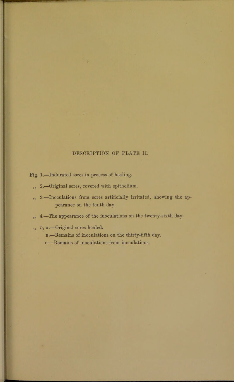 . 1.—Indurated sores in process of healing. 2. —Original sores, covered with epithelium. 3. —Inoculations from sores artificially irritated, showing the ap- pearance on the tenth day. 4. —The appearance of the inoculations on the twenty-sixth day. 5. a.—Original sores healed. b. —Remains of inoculations on the thirty-fifth day. c. —Remains of inoculations from inoculations.