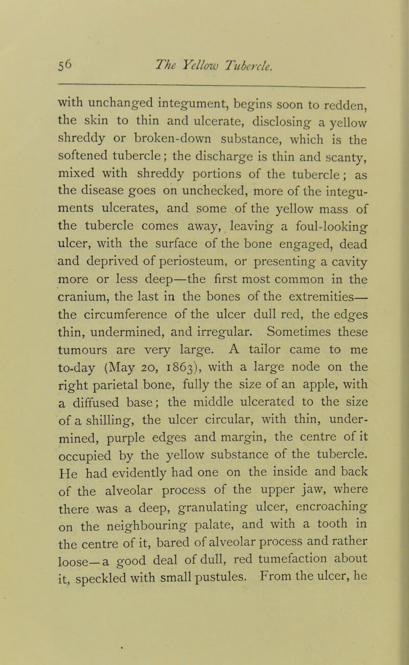 with unchanged integument, begins soon to redden, the skin to thin and ulcerate, disclosing a yellow shreddy or broken-down substance, which is the softened tubercle; the discharge is thin and scanty, mixed with shreddy portions of the tubercle; as the disease goes on unchecked, more of the integu- ments ulcerates, and some of the yellow mass of the tubercle comes away, leaving a foul-looking ulcer, with the surface of the bone engaged, dead and deprived of periosteum, or presenting a cavity more or less deep—the first most common in the cranium, the last in the bones of the extremities— the circumference of the ulcer dull red, the edges thin, undermined, and irregular. Sometimes these tumours are very large. A tailor came to me to-day (May 20, 1863), with a large node on the right parietal bone, fully the size of an apple, with a diffused base; the middle ulcerated to the size of a shilling, the ulcer circular, with thin, under- mined, purple edges and margin, the centre of it occupied by the yellow substance of the tubercle. He had evidently had one on the inside and back of the alveolar process of the upper jaw, where there was a deep, granulating ulcer, encroaching on the neighbouring palate, and with a tooth in the centre of it, bared of alveolar process and rather loose—a good deal of dull, red tumefaction about it, speckled with small pustules. From the ulcer, he