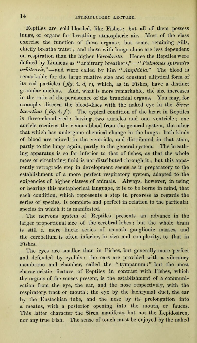 Reptiles are cold-blooded, like Fishes ; but all of them possess lungs, or organs for breathing atmospheric air. Most of the class exercise the function of these organs ; but some, retaining gills, chiefly breathe water ; and those with lungs alone are less dependent on respiration than the higher Vertebrata. Hence the Reptiles were defined by Linnmus as “ arbitrary breathers,”—“ Pulmones spirantes arbitrarie”—and were called by him Amphibia^ The blood is remarkable for the large relative size and constant elliptical form of its red particles 4. d, e), which, as in Fishes, have a distinct granular nucleus. And, what is more remarkable, the size increases in the ratio of the persistence of the branchial organs. You may, for example, discern the blood-discs with the naked eye in the Siren lacertina {fig. 4.y). The typical condition of the heart in Reptiles is three-chambered ; having two auricles and one ventricle; one auricle receives the venous blood from the general system, the other that which has undergone chemical change in the lungs : both kinds of blood are mixed in the ventricle, and distributed in that state, partly to the lungs again, partly to the general system. The breath- ing apparatus is so far inferior to that of fishes, as that the whole mass of circulating fluid is not distributed through it; but this appa- rently retrograde step in development seems as if preparatory to the establishment of a more perfect respiratory system, adapted to the exigencies of higher classes of animals. Always, however, in using or hearing this metaphorical language, it is to be borne in mind, that each condition, which represents a step in progress as regards the series of species, is complete and perfect in relation to the particulai species in which it is manifested. The nervous system of Reptiles presents an advance in the larger proportional size of the cerebral lobes ; but the whole brain is still a mere linear series of smooth ganglionic masses, and the cerebellum is often inferior, in size and complexity, to that in Fishes. The eyes are smaller than in Fishes, but generally more perfect and defended by eyelids : the ears are provided with a vibratory membrane and chamber, called the “ tympanumbut the most characteristic feature of Reptiles in contrast with Fishes, which the organs of the senses present, is the establishment of a communi- cation from the eye, the ear, and the nose respectively, with the respiratory tract or mouth; the eye by the lachrymal duct, the ear by the Eustachian tube, and the nose by its prolongation into a meatus, with a posterior opening into the mouth, or fauces. This latter character the Siren manifests, but not the Lepidosiren, nor any true Fish. The sense of touch must be enjoyed by the naked