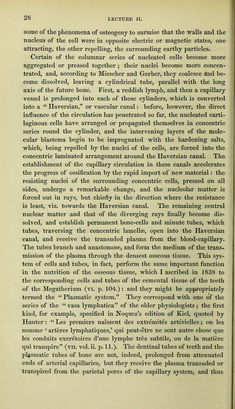 some of the phenomena of osteogeny to surmise that the walls and the nucleus of the cell were in opposite electric or magnetic states, one attracting, the other repelling, the surrounding earthy particles. Certain of the columnar series of nucleated cells become more aggregated or pressed together; their nuclei become more concen- trated, and, according to Miescher and Gerber, they coalesce and be- come dissolved, leaving a cylindrical tube, parallel with the long axis of the future bone. First, a reddish lymph, and then a capillary vessel is prolonged into each of these cylinders, which is converted into a “ Haversian,” or vascular canal: before, however, the direct influence of the circulation has penetrated so far, the nucleated carti- laginous cells have arranged or propagated themselves in concentric series round the cylinder, and the intervening layers of the mole- cular blastema begin to be impregnated with the hardening salts, which, being repelled by the nuclei of the cells, are forced into the concentric laminated arrangement around the Haversian canal. The establishment of the capillary circulation in these canals accelerates the progress of ossification by the rapid import of new material: the resisting nuclei of the surrounding concentric cells, pressed on all sides, undergo a remarkable change, and the nucleolar matter is forced out in rays, but chiefly in the direction where the resistance is least, viz. towards the Haversian canal. The remaining central nuclear matter and that of the diverging rays finally become dis- solved, and establish permanent bone-cells and minute tubes, which tubes, traversing the concentric lamellee, open into the Haversian canal, and receive the transuded plasma from the blood-capillary. The tubes branch and anastomose, and form the medium of the trans- mission of the plasma through the densest osseous tissue. This sys- tem of cells and tubes, in fact, perform the same important function in the nutrition of the osseous tissue, which I ascribed in 1838 to the corresponding cells and tubes of the cemental tissue of the teeth of the Megatherium (vi. p. 104.) : and they might be appropriately termed the “ Plasmatic system.” They correspond with one of the series of the “ vasa lymphatica” of the older physiologists ; the first kind, for example, specified in Noquez’s edition of Kiel, quoted by Hunter: “ Les premiers naissent des extremites arterielles; on les nomme ‘ arteres lymphatiques,’ qui peut-etre ne sont autre chose que les conduits excretoires d’une lymphe tres subtile, ou de la matiere qui transpire” (vn. vol. ii. p. 11.). The dentinal tubes of teeth and the pl9,smatic tubes of bone are not, indeed, prolonged from attenuated ends of arterial capillaries, but they receive the plasma transuded or transpired from the parietal pores of the capillary system, and thus