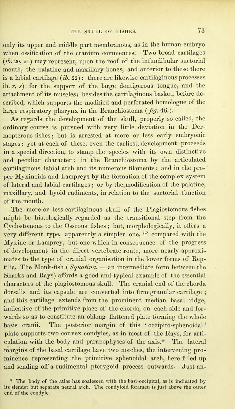only its upper and middle part membranous, as in tlie human embryo when ossification of the cranium commences. Two broad cartilages {ib. 20, 21) may represent, upon the roof of the infundibular suctorial mouth, the palatine and maxillary bones, and anterior to these there is a labial cartilage {ib. 22) : there are likewise cartilaginous processes ib. r, s) for the support of the large dentigerous tongue, and the attachment of its muscles; besides the cartilaginous basket, before de- scribed, which supports the modified and perforated homologue of the large respiratory pharynx in the Branchiostoma {fig. 46.). As regards the development of the skull, properly so called, the ordinary course is pursued with very little deviation in the Der- mopterous fishes; but is arrested at more or less early embryonic stages : yet at each of these, even the earliest, development proceeds in a special direction, to stamp the species with its own distinctive and peculiar character: in the Branchiostoma by the articulated cartilaginous labial arch and its numerous filaments; and in the pro- per Myxinoids and Lampreys by the formation of the complex system of lateral and labial cartilages ; or by the.modification of the palatine, maxillary, and hyoid rudiments, in relation to the suctorial function of the mouth. The more or less cartilaginous skull of the Plagiostomous fishes might be histologically regarded as the transitional step from the Cyclostomous to the Osseous fishes ; but, morphologically, it offers a very different type, apparently a simpler one, if compared with the Myxine or Lamprey, but one which in consequence of the progress of development in the direct vertebrate route, more nearly approxi- mates to the type of cranial organisation in the lower forms of Eep- tilia. The Monk-fish ( Squatina, — an intermediate form between the Sharks and Rays) affords a good and typical example of the essential characters of the plagiostomous skull. The cranial end of the chorda dorsalis and its capsule are converted into firm granular cartilage ; and this cartilage extends from the prominent median basal ridge, indicative of the primitive place of the chorda, on each side and for- wards so as to constitute an oblong flattened plate forming the whole basis cranii. The posterior margin of this ‘ occipito-sphenoidal ’ plate supports two convex condyles, as in most of the Rays, for arti- culation with the body and parapophyses of the axis.* The lateral margins of the basal cartilage have two notches, the intervening pro- minence representing the primitive sphenoidal arch, here filled up and sending off’ a rudimental pterygoid process outwai’ds. Just an- * The body of the atlas has coalesced with the basi-occipital, as is indicated by its slender but separate neural arch. The condyloid foramen is just above the outer end of the condyle.