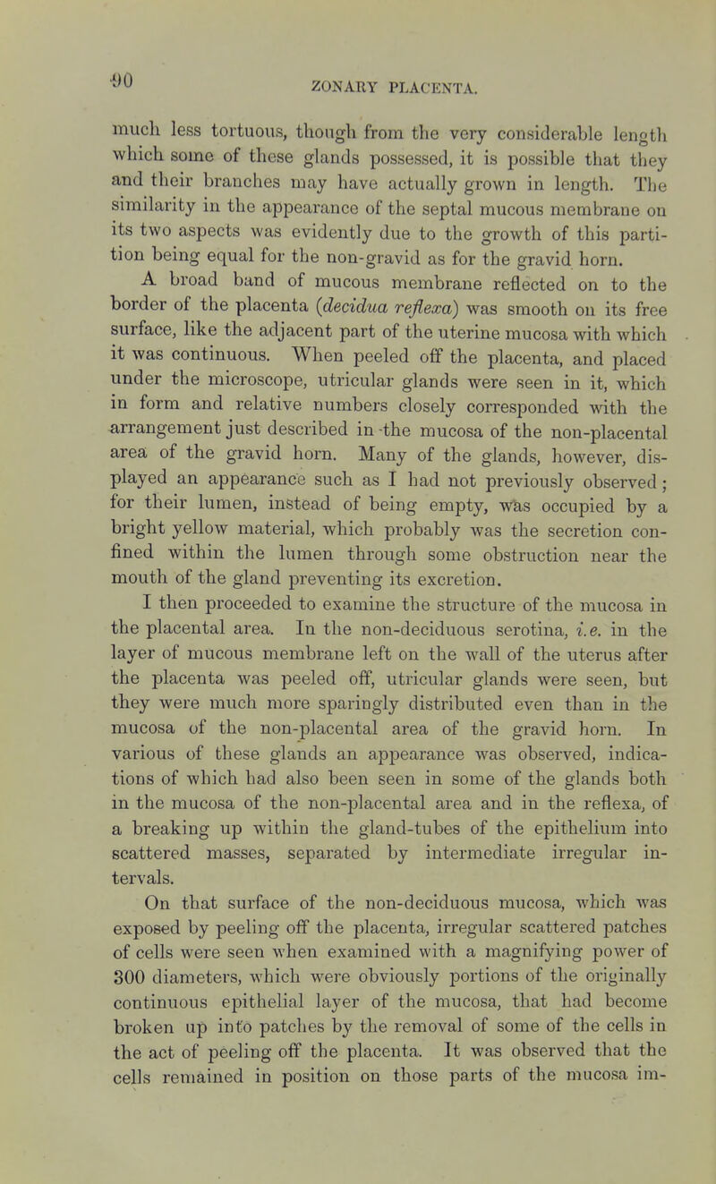ZONARY PLACENTA. much less tortuous, though from the very considerable length which some of these glands possessed, it is possible that they and their branches may have actually grown in length. The similarity in the appearance of the septal mucous membrane on its two aspects was evidently due to the growth of this parti- tion being equal for the non-gravid as for the gravid horn. A broad band of mucous membrane reflected on to the border of the placenta (decidua refiexa) was smooth on its free surface, like the adjacent part of the uterine mucosa with which it was continuous. When peeled off the placenta, and placed under the microscope, utricular glands were seen in it, which in form and relative numbers closely corresponded with the arrangement just described in -the mucosa of the non-placental area of the gravid horn. Many of the glands, however, dis- played an appearance such as I had not previously observed; for their lumen, instead of being empty, w^is occupied by a bright yellow material, which probably was the secretion con- fined within the lumen through some obstruction near the mouth of the gland preventing its excretion. I then proceeded to examine the structure of the mucosa in the placental area. In the non-deciduous serotina, i.e. in the layer of mucous membrane left on the wall of the uterus after the placenta was peeled off, utricular glands were seen, but they were much more sparingly distributed even than in the mucosa of the non-placental area of the gravid horn. In various of these glands an appearance was observed, indica- tions of which had also been seen in some of the glands both in the mucosa of the non-placental area and in the reflexa, of a breaking up within the gland-tubes of the epithelium into scattered masses, separated by intermediate irregular in- tervals. On that surface of the non-deciduous mucosa, which was exposed by peeling off the placenta, irregular scattered patches of cells were seen when examined with a magnifying power of 300 diameters, which were obviously portions of the originally continuous epithelial layer of the mucosa, that had become broken up into patches by the removal of some of the cells in the act of peeling off the placenta. It was observed that the cells remained in position on those parts of the mucosa im-