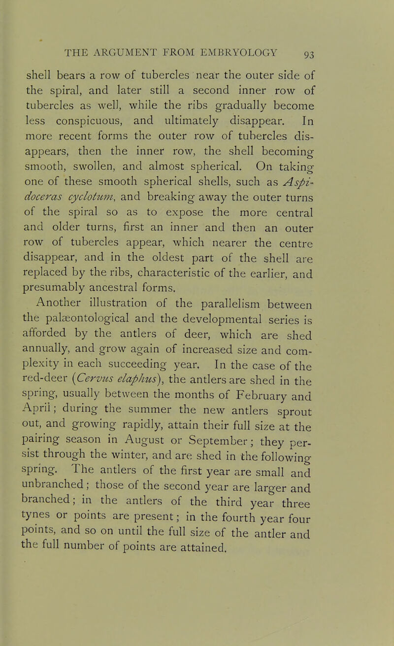 shell bears a row of tubercles near the outer side of the spiral, and later still a second inner row of tubercles as well, while the ribs gradually become less conspicuous, and ultimately disappear. In more recent forms the outer row of tubercles dis- appears, then the inner row, the shell becoming smooth, swollen, and almost spherical. On taking one of these smooth spherical shells, such as Aspi- doceras cyclohtm, and breaking away the outer turns of the spiral so as to expose the more central and older turns, first an inner and then an outer row of tubercles appear, which nearer the centre disappear, and in the oldest part of the shell are replaced by the ribs, characteristic of the earlier, and presumably ancestral forms. Another illustration of the parallelism between the pal^ontological and the developmental series is afforded by the antlers of deer, which are shed annually, and grow again of increased size and com- plexity in each succeeding year. In the case of the red-deer {Cervtts elaphus), the andersare shed in the spring, usually between the months of February and April; during the summer the new anders sprout out, and growing rapidly, attain their full size at the pairing season in August or September; they per- sist through the winter, and are shed in the following spring. The antlers of the first year are small and unbranched; those of the second year are larger and branched; in the antlers of the third year three tynes or points are present; in the fourth year four points, and so on until the full size of the antler and the full number of points are attained.