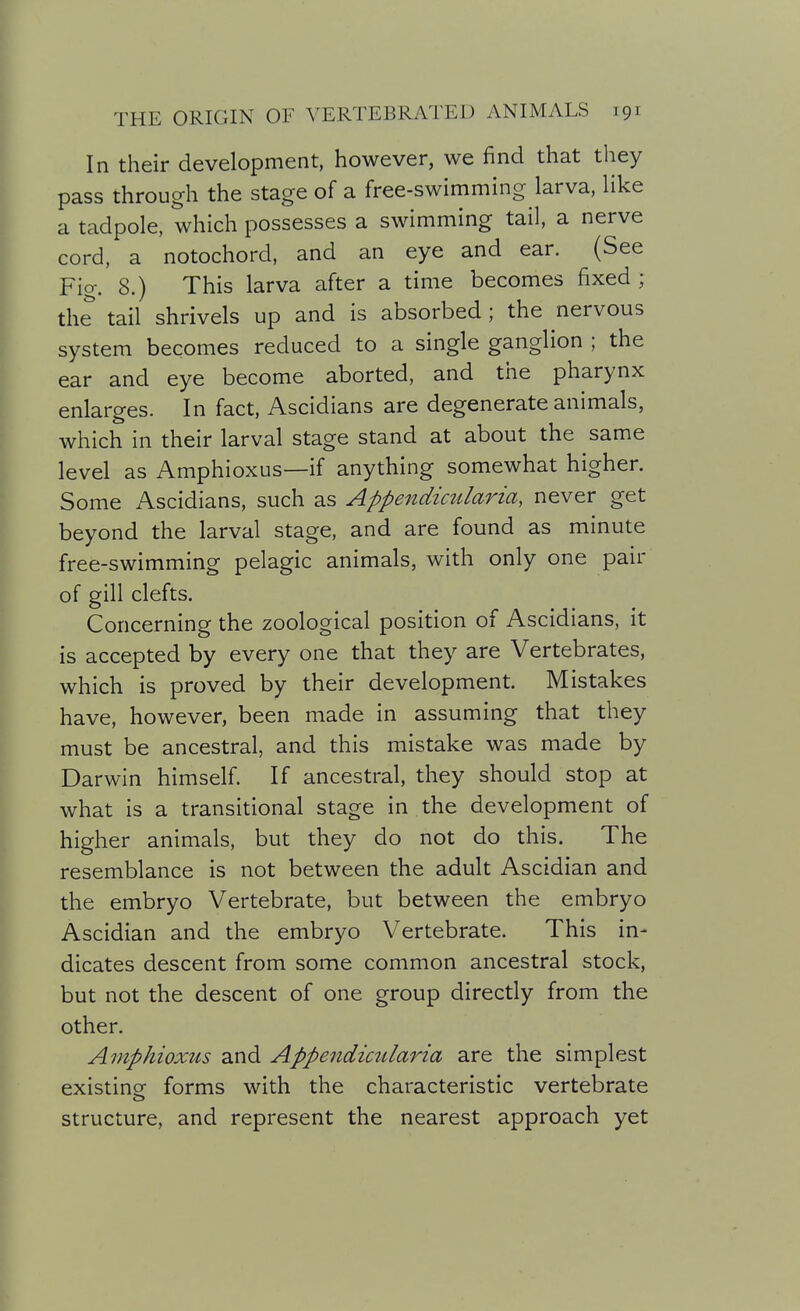 In their development, however, we find that they pass through the stage of a free-swimming larva, like a tadpole, which possesses a swimming tail, a nerve cord, a notochord, and an eye and ear. (See Fig. 8.) This larva after a time becomes fixed; the tail shrivels up and is absorbed; the nervous system becomes reduced to a single ganglion ; the ear and eye become aborted, and the pharynx enlarges. In fact, Ascidians are degenerate animals, which in their larval stage stand at about the same level as Amphioxus—if anything somewhat higher. Some Ascidians, such as Appendictdaria, never get beyond the larval stage, and are found as minute free-swimming pelagic animals, with only one pair of gill clefts. Concerning the zoological position of Ascidians, it is accepted by every one that they are Vertebrates, which is proved by their development. Mistakes have, however, been made in assuming that they must be ancestral, and this mistake was made by Darwin himself. If ancestral, they should stop at what is a transitional stage in the development of higher animals, but they do not do this. The resemblance is not between the adult Ascidian and the embryo Vertebrate, but between the embryo Ascidian and the embryo Vertebrate. This in- dicates descent from some common ancestral stock, but not the descent of one group directly from the other. Amphioxus and Appeiidicularia are the simplest existing forms with the characteristic vertebrate structure, and represent the nearest approach yet