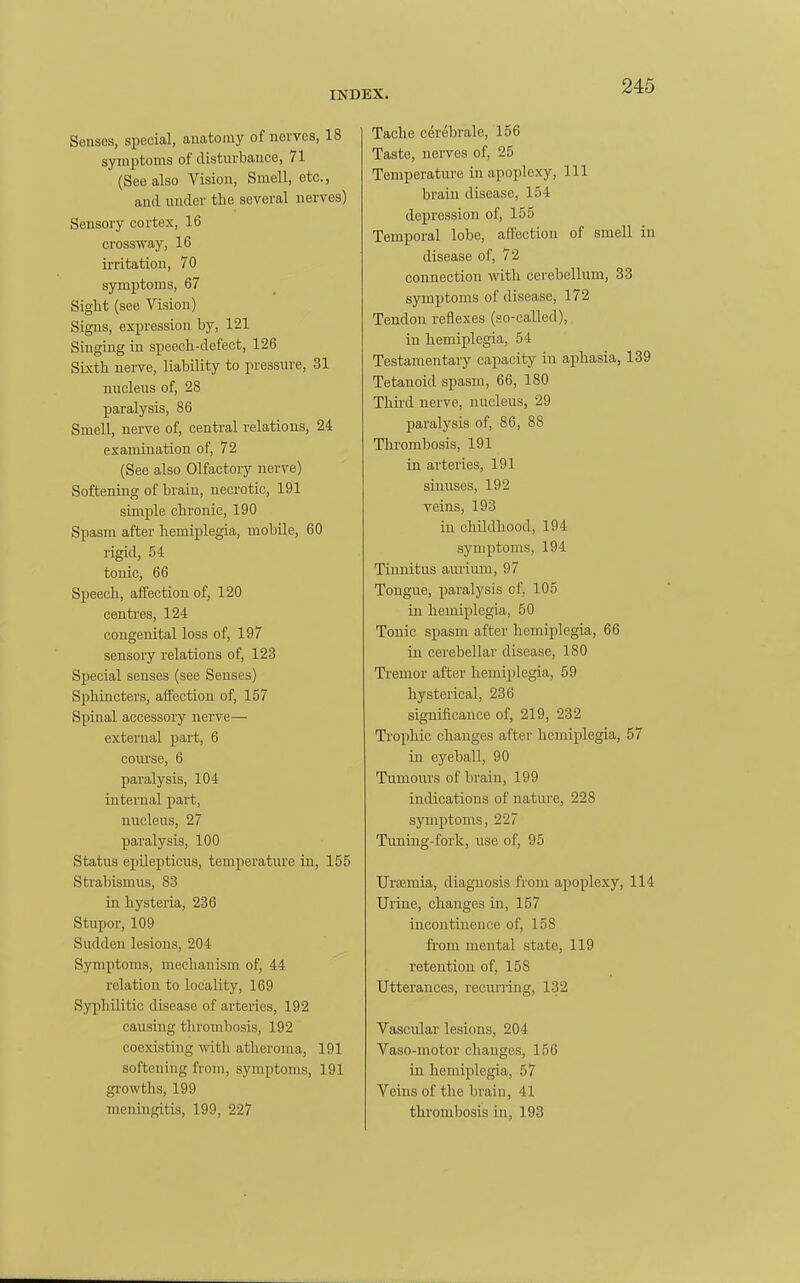 Senses, special, anatomy of nerves, 18 symptoms of distiivbauce, 71 (See also Vision, Smell, etc., and under the several nerves) Sensory cortex, 16 cross way, 16 irritation, 70 symptoms, 67 Siglit (see Vision) Signs, expression by, 121 Singing in speech-defect, 126 Sixth nerve, liability to pressure, 31 nucleus of, 28 paralysis, 86 Smell, nerve of, central relations, 24 examination of, 72 (See also Olfactory nerve) Softening of brain, necrotic, 191 simple chronic, 190 Spasm after hemiplegia, mobile, 60 rigid, 54 tonic, 66 Speech, affection of, 120 centimes, 124 congenital loss of, 197 sensory relations of, 123 Special senses (see Senses) Sphincters, affection of, 157 Spinal accessory nerve— external part, 6 course, 6 paralysis, 104 internal part, nucleus, 27 paralysis, 100 Status epilepticus, temperature in, 155 Strabismus, 83 in hysteria, 236 Stupor, 109 Sudden lesions, 204 Symptoms, mechanism of, 44 relation to locality, 169 Syphilitic disease of arteries, 192 causing thrombosis, 192 coexisting with atheroma, 191 softening from, symptoms, 191 growths, 199 menhigitis, 199, 227 Tache cerebrale, 156 Taste, nerves of, 25 Temperature in apoplexy. 111 brain disease, 154 depression of, 155 Temporal lobe, affection of smell in disease of, 72 connection with cerebellum, 33 symptoms of disease, 172 Tendon reflexes (so-called), in hemiplegia, 54 Testamentary capacity in aphasia, 139 Tetanoid spasm, 66, 180 Third nerve, nucleus, 29 paralysis of, 86, 88 Thrombosis, 191 in arteries, 191 sinuses, 192 veins, 193 in childhood, 194 symptoms, 194 Tinnitus aurium, 97 Tongue, paralysis cf, 105 in hemiplegia, 50 Tonic spasm after hemiplegia, 66 in cerebellar disease, 180 Tremor after hemiplegia, 59 hysterical, 236 significance of, 219, 232 Trophic changes after hemiplegia, 57 in eyeball, 90 Tumoiu's of brain, 199 indications of nature, 228 symptoms, 227 Tuning-fork, use of, 95 Urremia, diagnosis from apoplexy, 114 Urine, changes in, 157 incontinence of, 158 from mental state, 119 retention of, 158 Utterances, recuning, 132 Vascular lesions, 204 Vaso-motor changes, 156 in hemiplegia, 57 Veins of the brain, 41 thrombosis in, 193