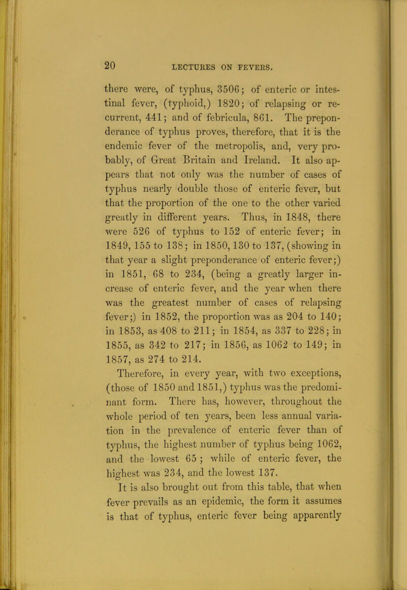 there were, of typhus, 3506; of enteric or intes- tinal fever, (typhoid,) 1820; of relapsing or re- current, 441; and of febricula, 861. The prepon- derance of typhus proves, therefore, that it is the endemic fever of the metropolis, and, very pro- bably, of Great Britain and Ireland. It also ap- pears that not only was the number of cases of typhus nearly double those of enteric fever, but that the proportion of the one to the other varied greatly in different years. Thus, in 1848, there were 526 of typhus to 152 of enteric fever; in 1849, 155 to 138; in 1850,130 to 137, (showing in that year a slight preponderance of enteric fever;) in 1851, 68 to 234, (being a greatly larger in- crease of enteric fever, and the year when there was the greatest number of cases of relapsing fever;) in 1852, the proportion was as 204 to 140; in 1853, as 408 to 211; in 1854, as 337 to 228; in 1855, as 342 to 217; in 1856, as 1062 to 149; in 1857, as 274 to 214. Therefore, in every year, with two exceptions, (those of 1850andl851,) typhus was the predomi- nant form. There has, however, throughout the whole period of ten years, been less annual varia- tion in the prevalence of enteric fever than of typhus, the highest number of typhus being 1062, and the lowest 65 ; while of enteric fever, the highest was 234, and the lowest 137. It is also brought out from this table, that when fever prevails as an epidemic, the form it assumes is that of typhus, enteric fever being apparently