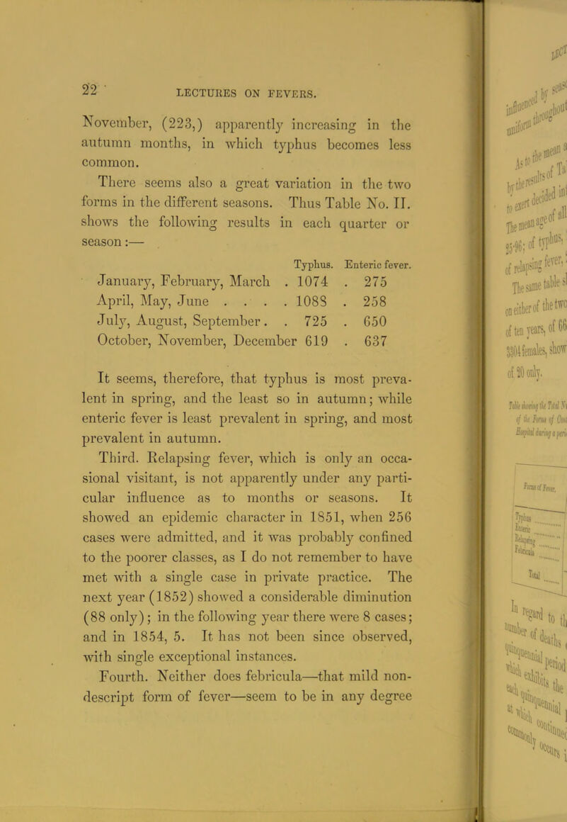 November, (223,) apparent!}^ increasing in the autumn months, in which typhus becomes less common. There seems also a great variation in the two forms in the different seasons. Thus Table No. II. shows the following results in each quarter or season:— Typliua. Enteric fever. January, February, March . 1074 . 275 April, May, June .... 1088 . 258 Jul}^, August, September. . 725 . 650 October, November, December 619 . 637 It seems, therefore, that typhus is most preva- lent in spring, and the least so in autumn; while enteric fever is least prevalent in spring, and most prevalent in autumn. Third. Relapsing fever, which is only an occa- sional visitant, is not apparently under any parti- cular influence as to months or seasons. It showed an epidemic character in 1851, when 256 cases were admitted, and it was probably confined to the poorer classes, as I do not remember to have met with a single case in private practice. The next year (1852) showed a considerable diminution (88 only); in the following year there were 8 cases; and in 1854, 5. It has not been since observed, with single exceptional instances. Fourth. Neither does febricula—that mild non- descript form of fever—seem to be in any degree