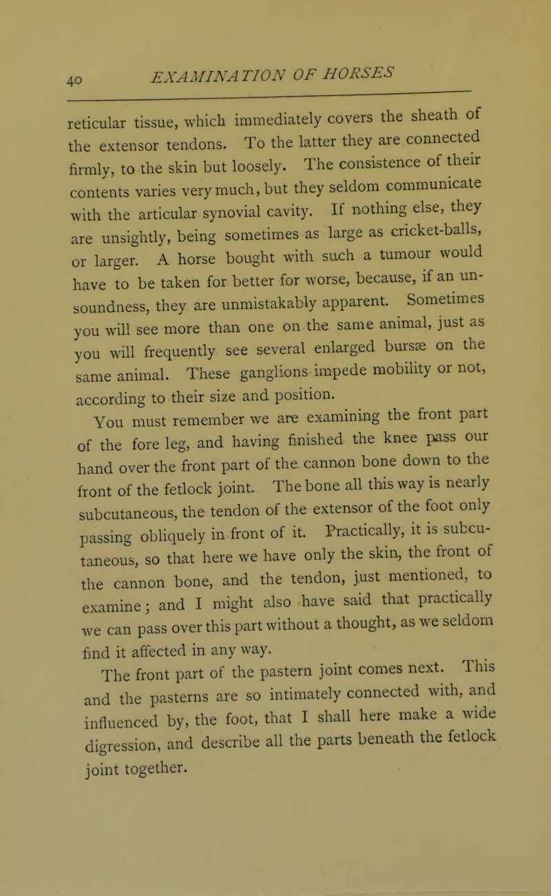 4Q reticular tissue, which immediately covers the sheath of the extensor tendons. To the latter they are connected firmly, to the skin but loosely. The consistence of their contents varies very much, but they seldom communicate with the articular synovial cavity. If nothing else, they are unsightly, being sometimes as large as cricket-balls, or larger. A horse bought with such a tumour would have to be taken for better for worse, because, if an un- soundness, they are unmistakably apparent. Sometimes you will see more than one on the same animal, just as you will frequently see several enlarged bursse on the same animal. These ganglions impede mobility or not, according to their size and position. You must remember we are examining the front part of the fore leg, and having finished the knee pass our hand over the front part of the. cannon bone down to the front of the fetlock joint. The bone all this way is nearly subcutaneous, the tendon of the extensor of the foot only passing obliquely in front of it. Practically, it is subcu- taneous, so that here we have only the skin, the front of the cannon bone, and the tendon, just mentioned, to examine; and I might also have said that practically we can pass over this part without a thought, as we seldom find it affected in any way. The front part of the pastern joint comes next. This and the pasterns are so intimately connected with, and influenced by, the foot, that I shall here make a wide digression, and describe all the parts beneath the fetlock joint together.