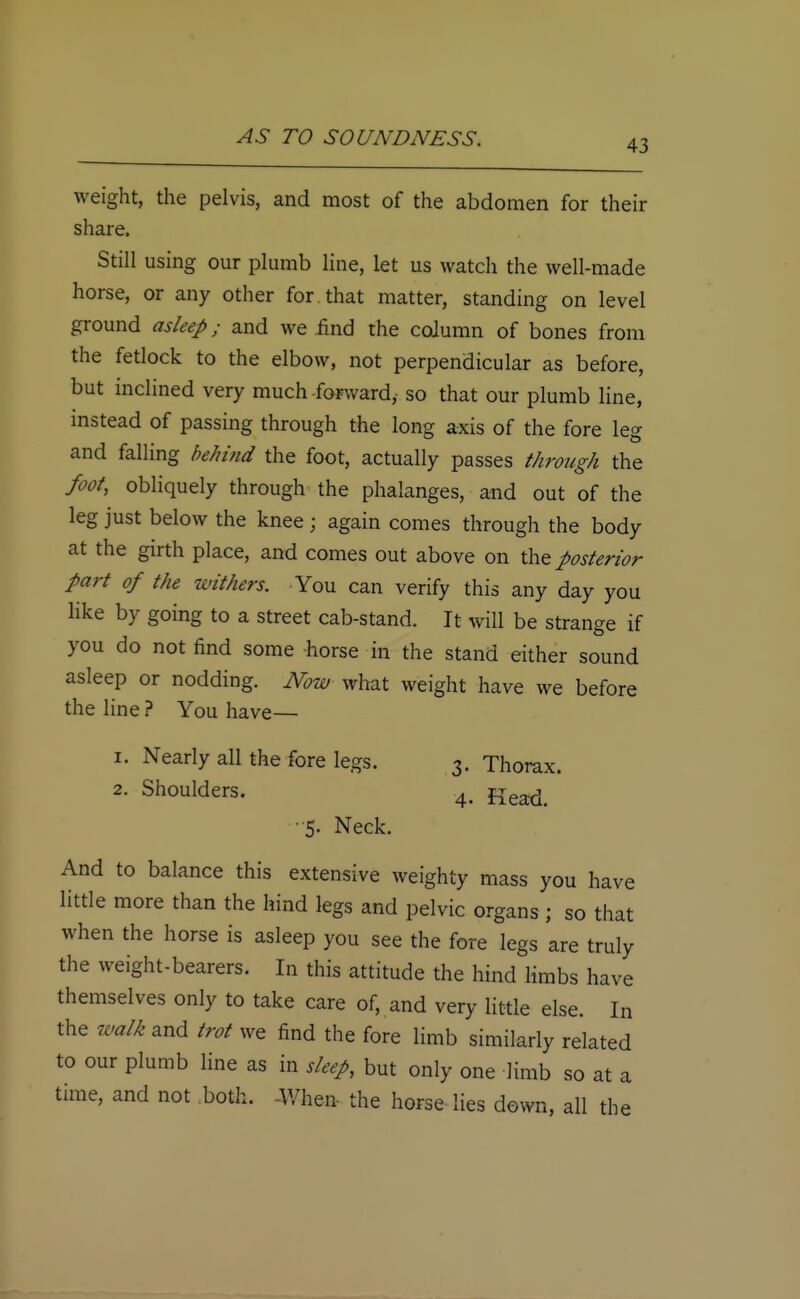 43 weight, the pelvis, and most of the abdomen for their share. Still using our plumb line, let us watch the well-made horse, or any other for. that matter, standing on level ground asleep; and we find the column of bones from the fetlock to the elbow, not perpendicular as before, but inclined very much-forward,- so that our plumb line, instead of passing through the long axis of the fore leg and falling behind the foot, actually passes through the foot, obliquely through the phalanges, and out of the leg just below the knee; again comes through the body at the girth place, and comes out above on the posterior part of the withers. You can verify this any day you like by going to a street cab-stand. It will be strange if you do not find some horse in the stand either sound asleep or nodding. Now what weight have we before the line ? You have— 1. Nearly all the fore legs. 3. Thorax. 2. Shoulders. 4> Kead • 5. Neck. And to balance this extensive weighty mass you have little more than the hind legs and pelvic organs ; so that when the horse is asleep you see the fore legs are truly the weight-bearers. In this attitude the hind limbs have themselves only to take care of, and very little else. In the walk and trot we find the fore limb similarly related to our plumb line as in sleep, but only one limb so at a time, and not both. -When- the horse lies down, all the