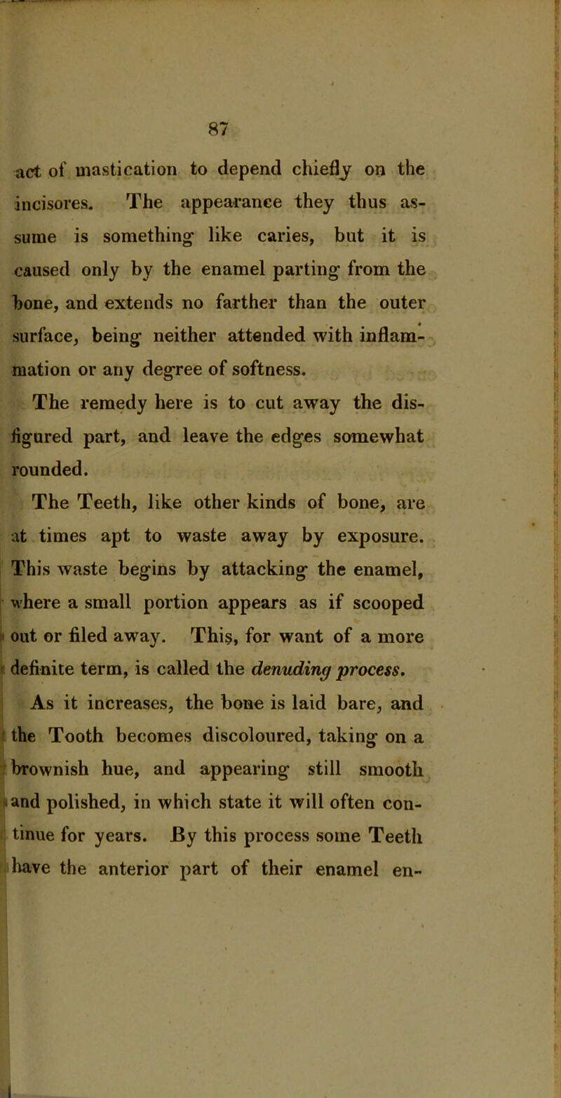 act of mastication to depend chiefly on the incisores. The appearance they thus as- sume is something like caries, but it is caused only by the enamel parting from the bone, and extends no farther than the outer surface, being neither attended with inflam- mation or any degree of softness. The remedy here is to cut away the dis- figured part, and leave the edges somewhat rounded. The Teeth, like other kinds of bone, are at times apt to waste away by exposure. This waste begins by attacking the enamel, M’here a small portion appears as if scooped out or filed away. This, for want of a more definite term, is called the denuding process. As it increases, the bone is laid bare, and f the Tooth becomes discoloured, taking on a brownish hue, and appearing still smooth and polished, in which state it will often con- tinue for years. By this process some Teeth have the anterior part of their enamel en-