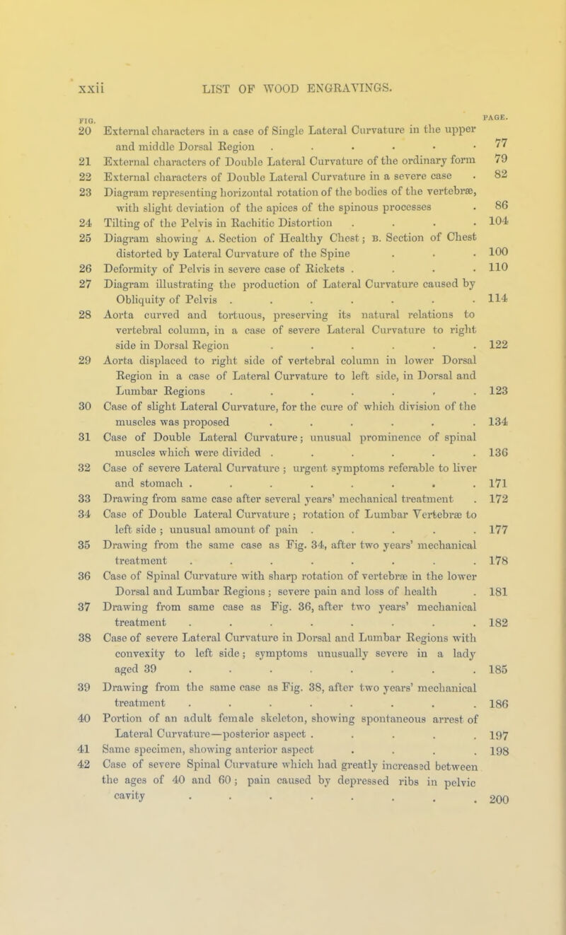20 External characters in a case of Single Lateral Curvature in the upper and middle Dorsal Kegion . . . • • .77 21 External characters of Double Lateral Curvature of the ordinary form 79 22 External characters of Double Lateral Curvature in a severe case . 82 23 Diagram representing horizontal rotation of the bodies of the vertebrae, with slight deviation of the apices of the spinous processes . 86 24 Tilting of the Pelvis in Rachitic Distortion .... 104 25 Diagram showing a. Section of Healthy Chest; B. Section of Chest distorted by Lateral Curvature of the Spine . . . 100 26 Deformity of Pelvis in severe case of Rickets .... 110 27 Diagram illustrating the production of Lateral Curvature caused by Obliquity of Pelvis . . . . . - .114 28 Aorta curved and tortuous, preserving its natural relations to vertebral column, in a case of severe Lateral Curvature to right side in Dorsal Region ...... 122 29 Aorta displaced to right side of vertebral column in lower Dorsal Region in a case of Lateral Curvature to left side, in Dorsal and Lumbar Regions . . . . . . .123 30 Case of slight Lateral Curvature, for the cure of which division of the muscles was proposed ...... 134 31 Case of Double Lateral Curvature; unusual prominence of spinal muscles which were divided ...... 136 32 Case of severe Lateral Curvature ; urgent symptoms referable to liver and stomach . . . . . . . .171 33 Drawing from same case after several years' mechanical treatment . 172 34 Case of Double Lateral Curvature ; rotation of Lumbar Vertebrae to left side ; unusual amount of pain ..... 177 35 Drawing from the same case as Fig. 34, after two years' mechanical treatment ........ 178 36 Case of Spinal Curvature with sharp rotation of vertebrae in the lower Dorsal and Lumbar Regions ; severe pain and loss of health . 181 37 Drawing from same case as Fig. 36, after two years' mechanical treatment ........ 182 38 Case of severe Lateral Curvature in Dorsal and Lumbar Regions with convexity to left side; symptoms unusually severe in a lady aged 39 . . . . . . . .185 39 Drawing from the same case as Fig. 38, after two years' mechanical treatment ........ 186 40 Portion of an adult female skeleton, showing spontaneous arrest of Lateral Curvature—posterior aspect ..... 197 41 Same specimen, showing anterior aspect .... 198 42 Case of severe Spinal Curvature wliich had greatly increased between the ages of 40 and 60; pain caused by depressed ribs in pelvic cavity 200