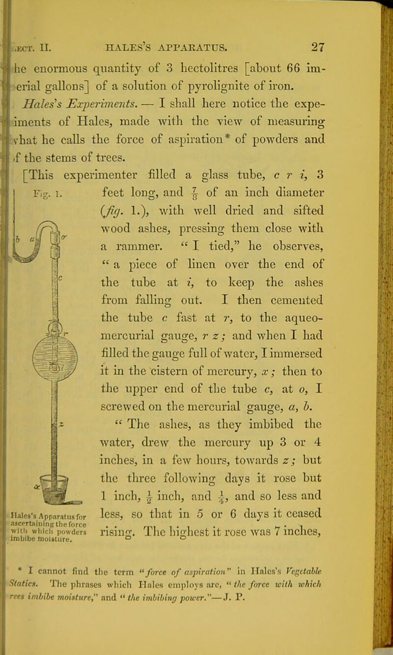 iie enormous quantity of 3 hectolitres [abovit 66 im- erial gallons] of a solution of pyrolignite of iron. Hales's Experimoits. — I shall here notice the expe- iments of Hales, made with the view of measuring s hat he calls the force of aspiration* of powders and if the stems of trees. [This experimenter filled a glass tube, c r i, 3 I Fig. 1. feet long, and ^ of an inch diameter (Jig. 1.), with well dried and sifted wood ashes, pressing them close with a rammer.  I tied, he observes,  a piece of linen over the end of the tube at i, to keep the ashes from falling out. I then cemented the tube c fast at ?•, to the aqueo- mercurial gauge, r z; and when I had filled the gauge full of water, I immersed it in the cistern of mercury, x; then to the upper end of the tube c, at o, I screwed on the mercurial gauge, a, b.  The ashes, as they imbibed the Avater, drew the mercury up 3 or 4 inches, in a few hours, towards z; but the three following days it rose but 1 inch, |- inch, and |, and so less and II iies's App.ir,itiisfor Icss, SO that in 5 or 6 days it ceased ■rtniiiingth,; force . . „„ ,. , • 1 I (vi.icii powders nsni;. ihc highest it rose was 7 inches, .'nl;ibe moiBturu. ° ° • I cannot find the term force of aspiration in Hales's Vegetable Statics. The phrases which Hales employs arc,  the force with which rets imbibe moisture, and the imbibing power.—J. P.