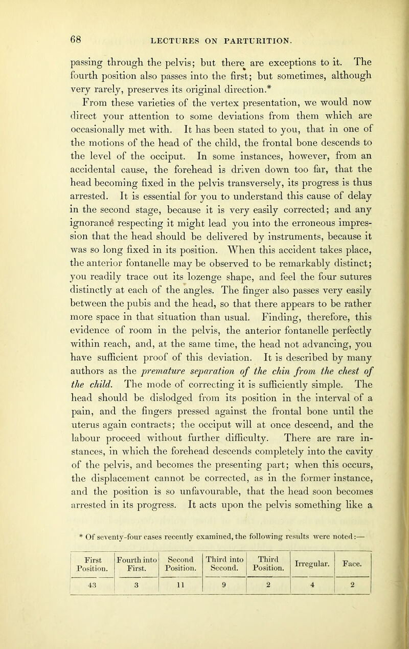 passing through the pelvis; but there are exceptions to it. The fourth position also passes into the first; hut sometimes, although very rarely, preserves its original direction.* From these varieties of the vertex presentation, we would now direct your attention to some deviations from them which are occasionally met with. It has been stated to you, that in one of the motions of the head of the child, the frontal bone descends to the level of the occiput. In some instances, however, from an accidental cause, the forehead is driven down too far, that the head becoming fixed in the pelvis transversely, its progress is thus arrested. It is essential for you to understand this cause of delay in the second stage, because it is very easily corrected; and any ignorancb respecting it might lead you into the erroneous impres- sion that the head should be delivered by instruments, because it was so long fixed in its position. When this accident takes place, the anterior fontanelle may be observed to be remarkably distinct; you readily trace out its lozenge shape, and feel the four sutures distinctly at each of the angles. The finger also passes very easily between the pubis and the head, so that there appears to be rather more space in that situation than usual. Finding, therefore, this evidence of room in the pelvis, the anterior fontanelle perfectly within reach, and, at the same time, the head not advancing, you have sufficient proof of this deviation. It is described by many authors as the premature separation of the chin from the chest of the child. The mode of correcting it is sufficiently simple. The head should be dislodged from its position in the interval of a pain, and the fingers pressed against the frontal bone until the uterus again contracts; the occiput will at once descend, and the labour proceed without further difficulty. There are rare in- stances, in which the forehead descends completely into the cavity of the pelvis, and becomes the presenting part; when this occurs, the displacement cannot be corrected, as in the former instance, and the position is so unfavourable, that the head soon becomes arrested in its progress. It acts upon the pelvis something like a * Of seventy-four cases recently examined, the following results were noted:— First Position. Fourth into First. Second Position. Third into Second. Third Position. Irregular. Face. 4.3 3 11 9 2 4 2