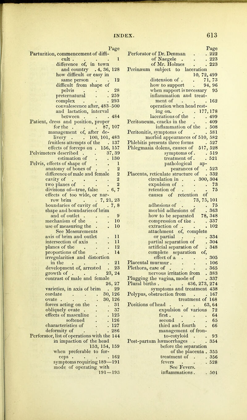 Page Parturition, commencement of diffi- cult .... 1 difference of, in town and country . 4, 36, 128 how difficult or easy in same person . .12 difficult from shape of pelvis . . .28 preternatural . . 259 complex . . . 293 convalescence after, 483-500 and lactation, interval between . . . 484 Patient, dress and position, proper for the . . .87, 107 management of, after de- livery . . 100, 101, 483 fruitless attempts of the . 137 effects of forceps on . 156, 157 Pelvimeters described . . 37,39 estimation of . . 130 Pelvis, effects of shape of . . 1 anatomy of bones of . .2 difference of male and female 2 cavity of . . .2 two planes of . .2 divisions of—true, false . 6, 7 effects of too wide, or nar- row brim . . 7, 21, 23 boundaries of cavity of . 7, 8 shape and boundaries of brim and of outlet ... 9 mechanism of the . .10 use of measuring the . .10 See Measurements axis of brim and outlet . 11 intersection of axis . .11 planes of the . . .12 proportions of the . .14 irregularities and distortion in the . . . .21 development of, arrested . 23 growth of . . . 23, 24 contrast of male and female 26, 27 varieties, in axis of brim . 29 cordate . . . 30, 126 ovate .... 30, 126 forces acting on the . .31 obliquely ovate . . .37 effects of masculine . . 125 softened . .126 characteristics of . . 127 deformity of 286 Perforator, list of operations with the 144 in impaction of the head 153, 154, 159 when preferable to for- ceps . . . .162 symptoms requiring 189—191 mode of operating with 191 — 193 Perforator of Dr. Denman Page . 222 of Naegele . . 223 of Mr. Holmes . 223 Perinseum subject to laceration distension of . 10, 72,499 71,73 how to support . 94, 96 when support is necessary 95 inflammation and treat- ment of . . .162 operation when head rest- ing on. . . 177,178 lacerations of the . . 499 Peritoneum, cracks in the . . 409 inflammation of the . 508 Peritonitis, symptoms of . .581 morbid appearances of 510, 582 Phlebitis presents three forms . 527 Phlegmasia dolens, causes of 517, 528 symptoms of. . 519 treatment of. .521 pathological ap- pearances of . 523 Placenta, reticulate structure of . 332 circulation in . . 300, 304 expulsion of . . .73 retention of . .75 causes of retention of 73, 75,101 adhesions of . . .75 morbid adhesions of . 363 how to be separated 78, 348 compression of the . .337 extraction of . . . 102 attachment of, complete or partial . . . 334 partial separation of . 304 artificial separation of . 348 complete separation of, effect of a . . 305 Placental murmur. . . .106 Plethora, case of . . . .365 nervous irritation from . 383 Plugging the vagina, mode of .337 Plural births . . . 436, 273, 274 symptoms and treatment 438 Polypus, obstruction from . .167 treatment of 168 Positions of head . . . 63,64 expulsion of various 72 first. . . .64 second . . .65 third and fourth . 66 management of fron- to-cotyloid . .93 Post-partum haemorrhages . . 354 before the separation of the placenta . 355 treatment of . . 356 fevers . . . 528 See Fevers. inflammations. .501