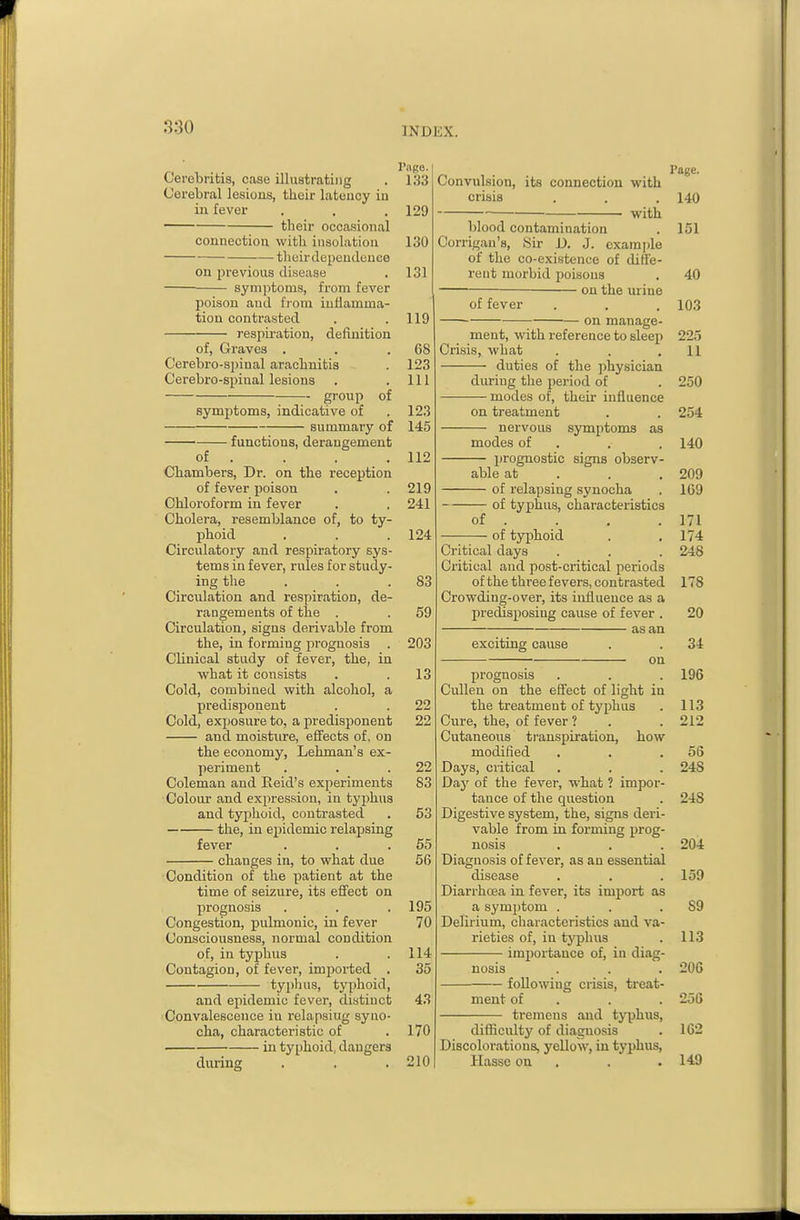 1 age. Cerebritis, case illustrating . 133 Cerebral lesions, their latency in in fever . , .129 their occasional connection with insolation 130 theirdependeuce on previous disease . 131 symptoms, from fever poison and fioni inflamma- tion contrasted . . 119 respu'ation, definition of. Graves . . .68 Cerebro-spinal arachnitis . 123 Cerebro-spinal lesions . .111 group of symptoms, indicative of . 123 summary of 145 functions, derangement of . . . .112 Cliambers, Dr. on the reception of fever poison . . 219 Chloroform in fever . . 241 Cholera, resemblance of, to ty- phoid . . .124 Circulatory and respiratory sys- tems in fever, rules for study- ing the . . .83 Circxilation and respiration, de- rangements of the . . 59 Circulation, signs derivable from the, in forming prognosis . 203 Clinical study of fever, the, in what it consists . .13 Cold, combined with alcohol, a predisponent . . 22 Cold, exposure to, a predisponent 22 and moisture, effects of, on the economy, Lehman's ex- periment . . .22 Coleman and Eeid'a experiments S3 Colour and expression, in tyjihus and typhoid, contrasted . 53 the, in epidemic relapsing fever . . .65 changes in, to what due 56 •Condition of the patient at the time of seizure, its effect on prognosis . . .195 Congestion, pulmonic, in fever 70 Consciousness, normal condition of, in typhus . .114 Contagion, of fever, imported . 35 typhus, typhoid, and epidemic fever, distinct 43 Convalescence in relapsiug syuo- cha, characteristic of . 170 in tyi)hoid, dangers during . . .210 Convulsion, its connection with crisis . . . 140 with blood contamination . 151 Corrigan's, Sir D. J. cxaini)le of the co-existence of diffe- rent morbid poisons , 40 on the uriue of fever . . , 103 on manage- ment, with reference to sleep 225 Crisis, what . . .11 duties of the ])hysician during the period of . 250 modes of, their influence on treatment . . 254 nervous symptoms as modes of . . . 140 prognostic signs observ- able at . . . 209 of relapsing synocha , 169 of typhus, characteristics of . . . . 171 of typhoid . .174 Critical days . . . 248 Critical and post-critical periods of the three fevers, contrasted 178 Crowding-over, its influence as a predisposing cause of fever . 20 as an exciting cause . . 34 ou prognosis . . . 196 Cullen on the effect of light in the treatment of typhus . 113 Cure, the, of fever ? . . 212 Cutaneous transpiration, how modified . . .56 Days, critical . . . 248 Day of the fever, what ? impor- tance of the question . 248 Digestive system, the, signs deri- vable from in forming prog- nosis . . . 204 Diagnosis of fever, as an essential disease . . . 159 Diarrhoea in fever, its import as a symptom . . .89 Delirium, characteristics and va- rieties of, in typhus . 113 importance of, in diag- nosis . . . 206 following crisis, treat- ment of . . . 256 tremens and typhiis, difficulty of diagnosis . 162 Discoloratious, yellow, in typhus, Hasse on . . .149