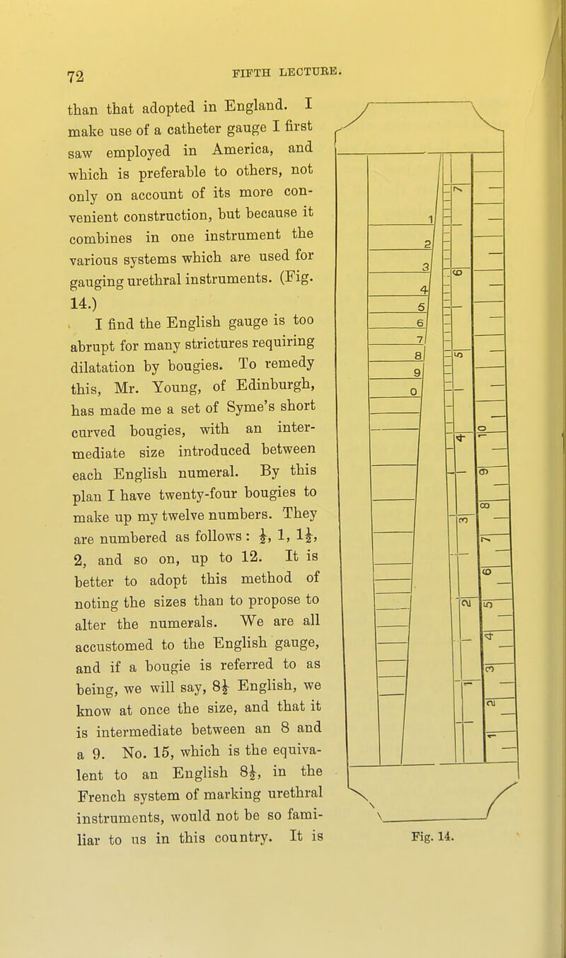 than that adopted in England. I make use of a catheter gauge I first saw employed in America, and which is preferable to others, not only on account of its more con- venient construction, hut because it combines in one instrument the various systems which are used for gauging urethral instruments. (Fig. 14.) I find the English gauge is too abrupt for many strictures requiring dilatation by bougies. To remedy this, Mr. Young, of Edinburgh, has made me a set of Syme's short curved bougies, with an inter- mediate size introduced between each English numeral. By this plan I have twenty-four bougies to make up my twelve numbers. They are numbered as follows : \, 1, l£, 2, and so on, up to 12. It is better to adopt this method of noting the sizes than to propose to alter the numerals. We are all accustomed to the English gauge, and if a bougie is referred to as being, we will say, 8£ English, we know at once the size, and that it is intermediate between an 8 and a 9. No. 15, which is the equiva- lent to an English 8£, in the French system of marking urethral instruments, would not be so fami- liar to us in this country. It is