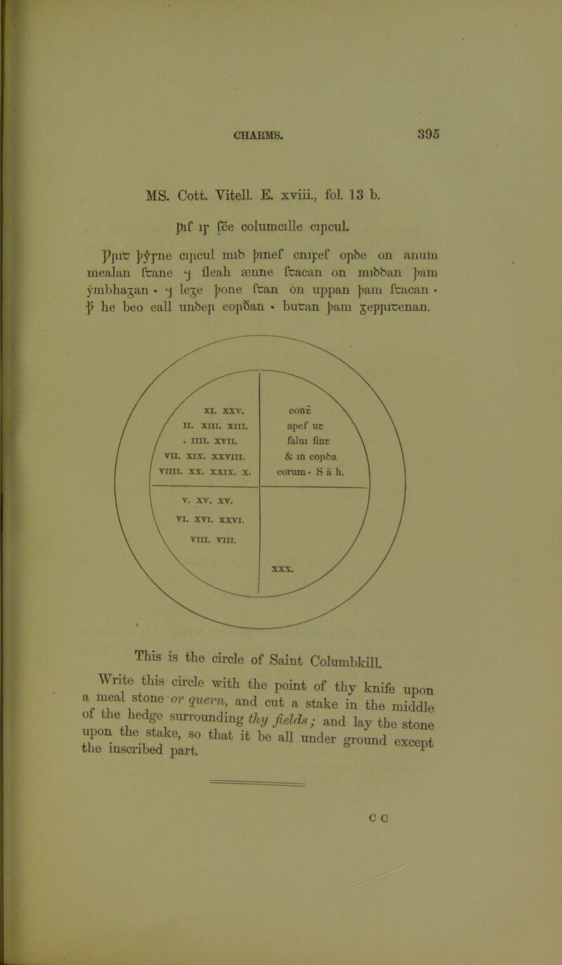 MS. Cott. Yitell. E. xviii., fol. 13 b. pif ly fee columcille cipcul. Pjut pyyne cijicul nub pmef cmyef ojibe on aniim meal an Crane *j fleah genne Cracan on mibban pam yrnbhajan • *j lege pone fran on uppan pain fracan • •p lie beo call unbep eopban • butan pam gepjutenan. This is the circle of Saint Columbkill. Write this circle with the point of thy knife upon a meal stone or J«em, and cut a stake in the middle of the hedge surrounding thy field,; and lay the stone upon the stake, so that it be all under ground except the inscribed part. 1