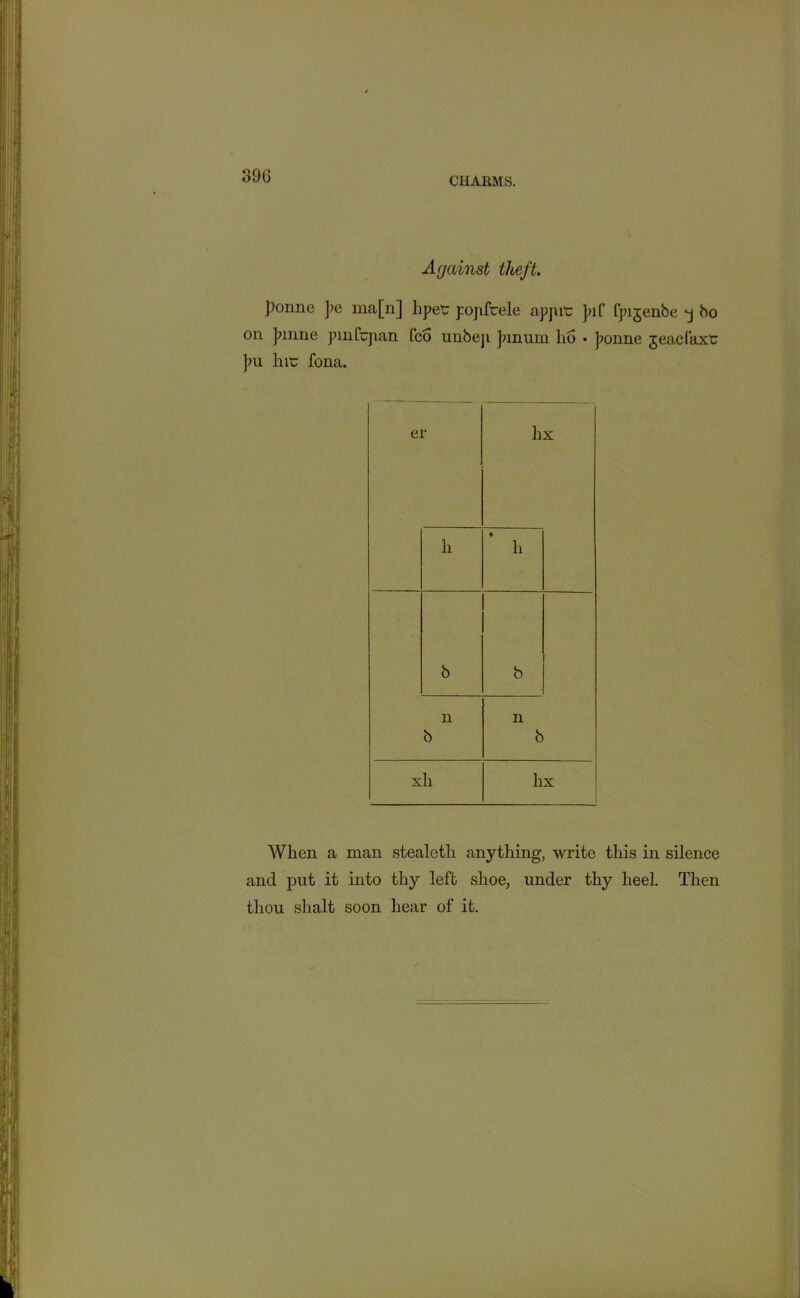 CHARMS. Against theft. ponne pe ma[n] lipee popfrele appit pif fpigenbe *j bo on pmne pmfejian (co unbeji Jnnum lio • ponne geacfaxt; pu hie fona. er 1 hx h • h b b n n b b xli hx When a man stealetli anything, write this in silence and put it into thy left shoe, under thy heel. Then thou slialt soon hear of it.