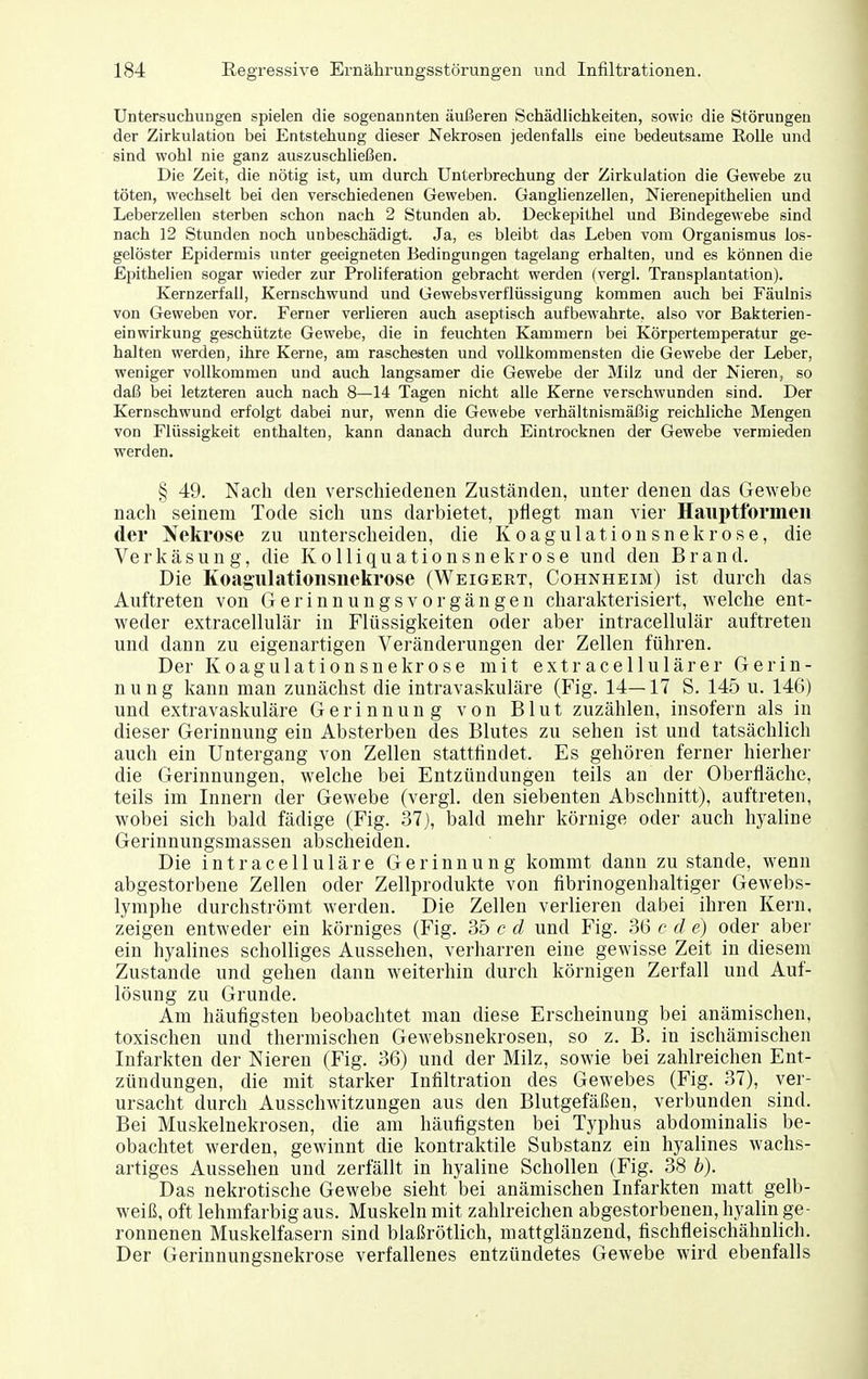 Untersuchungen spielen die sogenannten äußeren Schädlichkeiten, sowie die Störungen der Zirkulation bei Entstehung dieser Nekrosen jedenfalls eine bedeutsame EoUe und sind wohl nie ganz auszuschließen. Die Zeit, die nötig ist, um durch Unterbrechung der Zirkulation die Gewebe zu töten, wechselt bei den verschiedenen Geweben. Ganglienzellen, Nierenepithelien und Leberzellen sterben schon nach 2 Stunden ab. Deckepithel und Bindegewebe sind nach 12 Stunden noch unbeschädigt. Ja, es bleibt das Leben vom Organismus los- gelöster Epidermis unter geeigneten Bedingungen tagelang erhalten, und es können die Epithelien sogar wieder zur Proliferation gebracht werden (vergl. Transplantation). Kernzerfall, Kernschwund und Gewebsverflüssigung kommen auch bei Fäulnis von Geweben vor. Ferner verlieren auch aseptisch aufbewahrte, also vor Bakterien- einwirkung geschützte Gewebe, die in feuchten Kammern bei Körpertemperatur ge- halten werden, ihre Kerne, am raschesten und vollkommensten die Gewebe der Leber, weniger vollkommen und auch langsamer die Gewebe der Milz und der Nieren, so daß bei letzteren auch nach 8—14 Tagen nicht alle Kerne verschwunden sind. Der Kernschwund erfolgt dabei nur, wenn die Gewebe verhältnismäßig reichliche Mengen von Flüssigkeit enthalten, kann danach durch Eintrocknen der Gewebe vermieden werden. § 49. Nach den verschiedenen Zuständen, unter denen das Gewebe nach seinem Tode sich uns darbietet, pflegt man vier Haiiptformeii der Nekrose zu unterscheiden, die Koagulationsnekrose, die Verkäsung, die Kolliquationsnekrose und den Brand. Die Koag'ulationsiiekrose (Weigert, Cohnheim) ist durch das Auftreten von Gerinnungsvorgängen charakterisiert, welche ent- weder extracellulär in Flüssigkeiten oder aber intracellulär auftreten und dann zu eigenartigen Veränderungen der Zellen führen. Der Koagulationsnekrose mit extracellulärer Gerin- nung kann man zunächst die intravaskuläre (Fig. 14—17 S. 145 u. 146) und extravaskuläre Gerinnung von Blut zuzählen, insofern als in dieser Gerinnung ein Absterben des Blutes zu sehen ist und tatsächlich auch ein Untergang von Zellen stattiindet. Es gehören ferner hierher die Gerinnungen, welche bei Entzündungen teils an der Oberfläche, teils im Innern der Gewebe (vergl. den siebenten Abschnitt), auftreten, wobei sich bald fädige (Fig. 37), bald mehr körnige oder auch hyaline Gerinnungsmassen abscheiden. Die intracelluläre Gerinnung kommt dann zu stände, wenn abgestorbene Zellen oder Zellprodukte von fibrinogeuhaltiger Gewebs- lymphe durchströmt w-erdeu. Die Zellen verlieren dabei ihren Kern, zeigen entweder ein körniges (Fig. 35 c d und Fig. 36 c d e) oder aber ein hyalines scholliges Aussehen, verharren eine gewisse Zeit in diesem Zustande und gehen dann weiterhin durch körnigen Zerfall und Auf- lösung zu Grunde. Am häufigsten beobachtet man diese Erscheinung bei anämischen, toxischen und thermischen Gewebsnekrosen, so z. B. in ischämischen Infarkten der Niereu (Fig. 36) und der Milz, sowie bei zahlreichen Ent- zündungen, die mit starker Infiltration des Gewebes (Fig. 37), ver- ursacht durch Ausschwitzungen aus den Blutgefäßen, verbunden sind. Bei Muskelnekrosen, die am häufigsten bei Typhus abdominalis be- obachtet werden, gewinnt die kontraktile Substanz ein hyalines wachs- artiges Aussehen und zerfällt in hyaline Schollen (Fig. 38 b). Das nekrotische Gewebe sieht bei anämischen Infarkten matt gelb- weiß, oft lehmfarbig aus. Muskeln mit zahlreichen abgestorbenen, hyalin ge- ronnenen Muskelfasern sind blaßrötlich, matt glänzend, fischfleischähnlich. Der Gerinnungsnekrose verfallenes entzündetes Gewebe wird ebenfalls