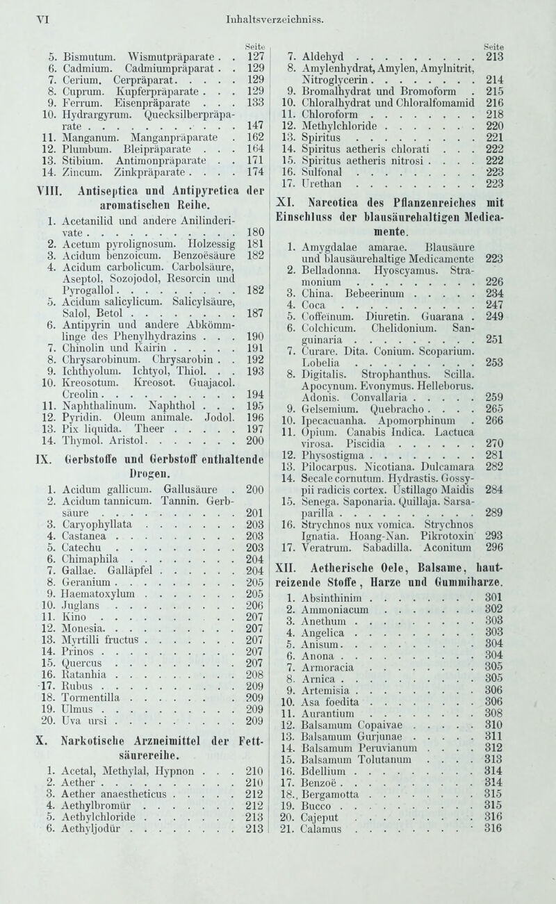 Seite , 5. Bismutum. Wismutpraparate. . 127 | 6. Cadmium. Cadmiumpraparat . . 129 7. Cerium. Cerpraparat 129 j 8. Cuprum. Kupferpriiparate . . . 129 9. Ferrum. Eisenpraparate . . . 133 10. Hydrargyrum. Quecksilberprapa- j rate 147 11. Manganum. Manganpraparate . 162 j 12. Plumbum. Bleipraparate . . . 164 13. Stibium. Antimonprilparate . . 171 14. Zincum. Zinkpraparate .... 174 VIII. Antiseptica and Antipyretica der aroinatisclien Reilie. 1. Acetanilid und andere Anilinderi- vate 180 2. Acetum pyrolignosum. Holzessig 181 3. Acidum benzoicum. Benzoesaure 182 4. Acidum carbolicum. Carbolsaure, Aseptol, Sozojodol, Resorcin und Pyrogallol 182 5. Acidum salicylicum. Salicylsilure, Salol, Betol 187 6. Antipyrin und aiidere Abkomm- linge lies Phenylhydrazins . . . 190 I 7. Chinolin und Kairin 191 i 8. Chrysarobinum. Chrysarobin . . 192 9. Icbthyolum. Ichtyol, Thiol. . . 193 [ 10. Kreosotum. Kreosot. Guajacol. Creolin 194 11. Naphthalinum. Naphthol . . . 195 12. Pyridin. Oleum animale. Jodol. 196 13. Pix liquida. Theer 197 I 14. Thymol. Aristol 200 ' IX. Gerbstoffe und Gerbstoff enthaltende Drogeii. 1. Acidum gallicum. Gallusaure . 200 2. Acidum tannicum. Tannin. Gerb- saure 201 3. Caryophyllata 203 j 4. Castanea 203 5. Catechu 203 6. Chimaphila 204 I 7. Gallae. Gallapfel 204 8. Geraniimi 205 9. Ilaematoxylum 205 i 10. .Juglans 206 11. Kino 207 12. Monesia 207 13. Myrtilli fructus 207 TA cif\n 14. Prinos 207 ^ 15. Quercus 207 I 16. Katanhia 208 j ■17. Rubus 209 I 18. Tomentilla . 209 i 19. Ulmus 209 20. Uva ursi 209 X. Narkotiscbe Arzneimittel der Fett- siiurereihe. 1. Acetal, Methylal, Ilypnon . . . 210 i 2. Aether 210 ! 3. Aether anaestheticus 212 4. Aethylbromiir 212 5. Aethylchloride 213 j 6. Aethyljodiir 213 .Seite 7. Aldehyd 213 8. Amylenhydrat, Amylen, Amylnitrit, Nitroglycerin 214 9. Bromalhydrat und Bromoform . 215 10. Chloralhydi'at und Chloralfomamid 216 11. Chloroform 218 12. Methylchloride 220 13. Spiritus 221 14. Spiritus aetheris chlorati . . . 222 15. Spiritus aetheris nitrosi .... 222 16. Sulfonal 223 17. Urethan 223 XI. Narcotica des Pflanzenreiches mit Einsclilnss der blausanrebaltigen Medica- inente. 1. Amygdalae amarae. Blausaure und blausaurehaltige Medicamente 223 2. Belladonna. H}mscyamus. Stra- monium 226 3. China. Bebeerinum 234 4. Coca 247 5. Coffeinum. Diuretin. Guarana . 249 6. Colchicum. Chelidonium. San- guinaria 251 7. Curare. Dita. Conium. Scoparium. Imbelia 253 8. Digitalis. Strophanthus. Scilla. Apocynum. Flvonymus. Helleborus. Adonis. Convallaria 259 9. Gelsemium. Quebracho.... 265 10. Ipecacuanha. Apomorphinum . 266 11. Opium. Canabis Indica. Lactuca virosa. Piscidia 270 12. Physostigma 281 13. Pilocarpus. Nicotiana. Dulcamara 282 14. Secalecornutum. Hydrastis. Gossy- pii radicis cortex. Ustillago Maidis 284 15. Senega. Saponaria. Quillaja. Sarsa- parilla 289 16. Strychnos nux vomica. Strychnos Ignatia. Hoang-Nan. Pikrotoxin 293 17. Veratrum. Sabadilla. Aconiturn 296 XII. Aetherische Oele, Balsaine, baiit- reizende Stoffe, Harze und Guniniibarze. 1. Absinthinim 301 2. Ammoniacum 302 3. Anethum 303 4. Angelica 303 6. Anisum 304 6. Anona 304 7. Armoracia 305 8. Arnica 305 9. Artemisia 306 10. Asa foedita 306 11. Aurantium 308 12. Balsamum Copaivae 310 13. Balsamum Gurjunae 311 14. Balsamum Peruvianum .... 312 15. Balsamum Tolutanum .... 313 16. Bdellium 314 17. Benzoe 314 18.. Bergamotta 315 19. Bucco 315 20. Cajeput 316 21. Calamus ' 316