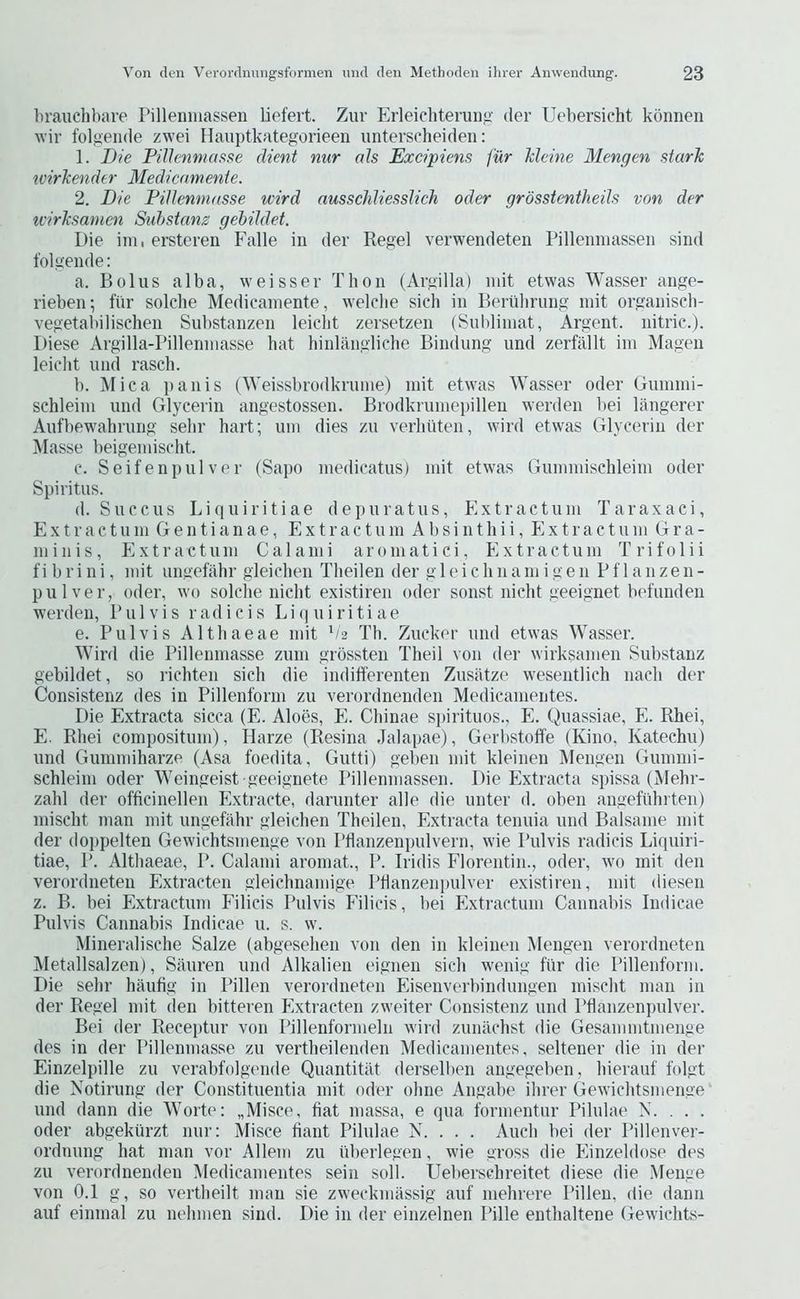 braiichbare Pillenmassen liefert. Zur Erleichterung der Uebersicht konnen wir folgeiide zwei Haiiptkategorieen unterscheiden: 1. Die PiUenniasse client nur ah Excipiens fur Jcleine Mengen stark wirkendtr Medicamente. 2. Lie Pillenmasse wird ausscJiliesslich oder grdsstentheils von der tcirksamcn Suhstans gebildet. Die im, ersteren Falle in der Regel verwendeten Pilleimiassen sind I'olgeiide: a. Bolus alba, weisser Thou (Argilla) mit etwas Wasser ange- rieben; fiir solche Medicamente, welclie sich in Berubrung mit organiscb- vegetabilischen Substanzen leiclit zersetzen (Suldimat, Argent, nitric.). Diese Argilla-Pillenmasse hat hinlangliche Bindung nnd zerfiillt im Magen leicht nnd rasch. b. Mica pan is (Weissbrodkrume) mit etwas Wasser oder Gummi- schleim nnd Glycerin angestossen. Brodkrnmepilleu werden bei liingerer Aufbewahrung sehr hart; urn dies zu verhuten, wird etwas Glycerin der Masse beigemischt. c. Seifenpulver (Sapo medicatus) mit etwas Gummischleim oder Spiritus. d. Succus Liquiritiae depuratus. Extractum Taraxaci, E X t r a c t u m G e n t i a n a e, E x t r a c t u m A b s i n t h i i, E x t r a c t u m G r a - minis. Extractum Calami aromatici, Extractum Trifolii f i b r i n i, mit ungefahr gleichen Theilen der g 1 e i c h n a m i g e n Pflanzen- pulver, Oder, wo solclie nicht existiren oder sonst nicht geeignet befunden werden. Pul vis radicis Li(]uiritiae e. Pulvis Althaeae mit p2 Th. Zucker und etwas Wasser. Wird die Pillenmasse zuni grossten Theil von der wirksamen Substanz gebildet, so I'ichten sich die indifferenten Zusatze wesentlich nach der Consistenz des in Pillenform zu verordnenden Medicamentes. Die Extracta sicca (E. Aloes, E. Chinae spirituos., E. Quassiae, E. Rhei, E. Rhei compositum), Harze (Resina Jalapae), Gerbstoffe (Kino, Katechu) und Gummiharze (Asa foedita, Gutti) geben mit kleinen Mengen Gummi- schleim Oder Weingeist geeignete Pillenmassen. Die Extracta spissa (Mehr- zahl der officinellen Extracte, darunter alle die unter d. oben angefuhiten) mischt man mit ungefahr gleichen Theilen, Extracta tenuia und Balsame mit der doppelten Gewichtsmenge von Pflanzenpulvern, wie Pulvis radicis Liquiri- tiae, P. Althaeae, P. Calami aromat., P. Iridis Florentin., oder, wo mit den verordneten Extracten gleichnamige Ptianzenpulver existiren, mit diesen z. B. bei Extractum Filicis Pulvis f'ilicis, bei Extractum Cannabis Indicae Pulvis Cannabis Indicae u. s. w. Mineralische Salze (abgesehen von den in kleinen Mengen verordneten Metallsalzen), Siiuren und Alkalien eignen sich wenig fur die Pillenform. Die sehr haufig iri Pillen verordneten Eisenverbindungen mischt man in der Regel mit den bitteren Extracten zweiter Consistenz und Pflanzenpulver. Bei der Recejdur von Pillenformeln wird zunachst die Gesammtmenge des in der Pillenmasse zu vertheilenden Medicamentes, seltener die in der Einzelpille zu verabfolpmde Quantitiit derselben angegeben, hierauf folgt die Notirung der Constituentia mit oder ohne Angabe ihrer Gewichtsmenge und dann die Worte: „Misce, fiat massa, e qua formentur Pilulae N. . . . Oder abgekiirzt nur: Misce tiant Pilulae N. . . . Audi bei der Pillenver- ordnung hat man vor Allem zu iiberlegen, wie gross die Einzehlose des zu verordnenden Medicamentes sein soil. Ueberschreitet diese die Menge von 0.1 g, so vertheilt man sie zweckmassig auf mehrere Pillen, die dann auf einmal zu nehmen sind. Die in der einzelnen Pille enthaltene Gewichts-