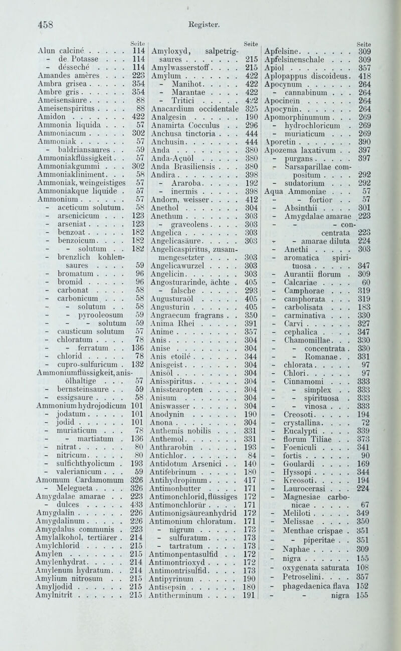 Seite Alun calcine 114 - de Potasse ... 114 - desseche .... 114 Amandes ameres . . . 223 Ambra grisea 354 Ambre gris 354 Ameisensaure 88 Ameisenspiritiis .... 88 Amidon 422 Ammonia liquida ... 57 Ammoniacum 302 Ammoniak 57 - baldriansaures . . 59 Ammoniakfliissigkeit. . 57 Ammoniakgiimmi . . . 302 Ammoniakliniment. . . 58 Ammoniak, weingeistiges 57 Ammoniakque liquide . 57 Ammonium 57 - aceticum solutum. 58 - arsenicicum . . . 123 - arseniat 123 - benzoat 182 - benzoicum. ... 182 - solutum . . 182 - brenzlich kohlen- saures .... 59 - bromatum .... 96 - bromid 96 - carbonat .... 58 - carbonicum. ... 58 - solutum . . 58 - pyrooleosum 59 - - - solutum 59 - causticum solutum 57 - chloratum .... 78 - ferraturn . . 136 - chloiid 78 - cupro-sulfuricum . 132 Ammoniumfliissigkeit, anis- olbaltige ... 57 - bernsteinsaure . . 59 - essigsaure .... 58 Ammonium hydrojodicum 101 - jodatum 101 - jodid 101 - muriaticum ... 78 - martiatum . 136 - nitrat 80 - nitricum 80 - sulfichtbyolicum . 193 - valerianicum... 59 Amomum Cardamomum 326 - Melegueta .... 326 Amygdalae amarae . . 223 - dulces 433 Amygdalin 226 Amygdalinum 226 Amygdalus communis . 223 Amylalkohol, tertiarer . 214 Amylchlorid 215 Amylen 215 Amylenhydrat 214 Amylenum hydratum. . 214 Amylium nitrosum . . 215 Amyljodid 215 Amylnitrit 215 Seite Amyloxyd, salpetrig- saures 215 Amylwasserstoff. . . . 215 Amylum 422 - Manihot 422 - Marantae .... 422 - Tritici 422 Anacardium occidentale 325 Analgesin 190 Anamirta Cocculus . . 296 Anchusa tinctoria . . . 444 Anchusin 444 Anda 380 Anda-Aguol 380 Anda Brasiliensis . . . 380 Andira 398 - Araroba 192 - inermis 398 Andorn, weisser.... 412 Anethol 304 Anethum 303 - graveolens.... 303 Angelica .303 Angelicasaure 303 Angelicaspiritus, zusam- mengesetzter .... 303 Angelicawurzel .... 303 Angelicin 303 Angosturarinde, achte . 405 - falscbe 293 Augusturabl 405 Angusturin 405 Angraecum fragrans . . 350 Anima Khei 391 Anime 357 Anis 304 Anise 304 Anis etoile 344 Anisgeist 304 Anisol 304 Anisspiritus 304 Anisstearopten .... 304 Anisum 304 Aniswasser 304 Anodynin 190 Anona 304 Antbemis nobilis . . . 331 Anthemol 331 Anthrarobin 193 Anticblor 84 Antidotum Arsenici . . 140 Antifebi'inum 180 Antihydropinum.... 417 Antimonbutter .... 171 Antimonchloridjflussiges 172 Antimonchloriir .... 171 Antinionigsaureanhydrid 172 Antimonium chloratum. 171 - nigrum 173 - sulfuratum. . . . 173 - tartratum .... 173 Antimonpentasulfid . . 172 Antimontrioxyd .... 172 Antimontrisulfid. ... 173 Antipyrinum 190 Antisepsin 180 Antitherminum .... 191 Seite Apfelsine 309 Apfelsinenschale . . . 309 Apiol 357 Aplopappus discoideus. 418 Apocynum 264 - cannabinum . . . 264 Apocinein 264 Apocynin 264 Apomorphinumum. . . 269 - hydrochloricum . 269 - muriaticum . . . 269 iporetin 390 Apozema laxativum . . 397 - purgans 397 - Sarsaparillae com- positum .... 292 - sudatorium . . . 292 Aqua Ammoniae ... 57 - fortior . . 57 - Absinthii .... 301 - Amygdalae amarae ,223 - con- centrata 223 - - amarae diluta 224 - Anethi 303 - aromatica spiri- tuosa 347 - Aurantii florum . 309 - Calcariae .... 60 - Camphorae . . . 319 - camphorata . . . 319 - carbolisata . . . 183 - carminativa . . . 330 - Carvi 327 - cephalica ... 347 - Chamomillae. . . 330 - concentrata. 330 - Romanae. . 331 - chlorata 97 - Chlori 97 - Cinnamomi . . . 333 - simplex . . 333 - spirituosa . 333 - vinosa . . . 333 - Creosoti 194 - crystallina. ... 72 - Eucalypti .... 339 - florum Tiliae . . 373 - Foeniculi .... 341 - fortis 90 - Goulardi .... 169 - Hyssopi 344 - Kreosoti 194 - Laurocerasi . . . 224 - Magnesiae carbo- nicae 67 - Meliloti 349 - Melissae .... 350 - Menthae crispae . 351 - piperitae . . 351 - Naphae 309 - nigra 165 - oxygenata saturata 108 - Petroselini. . . . 357 - phagedaenica flava 152 nigra 155